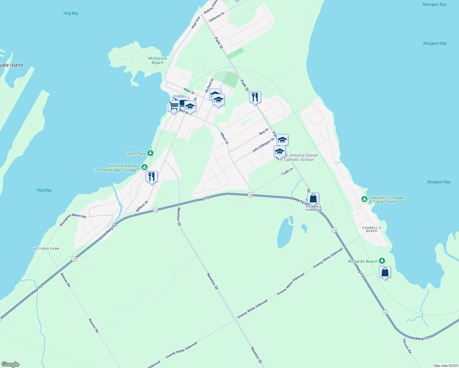 map of restaurants, bars, coffee shops, grocery stores, and more near 485 West Street in Simcoe County