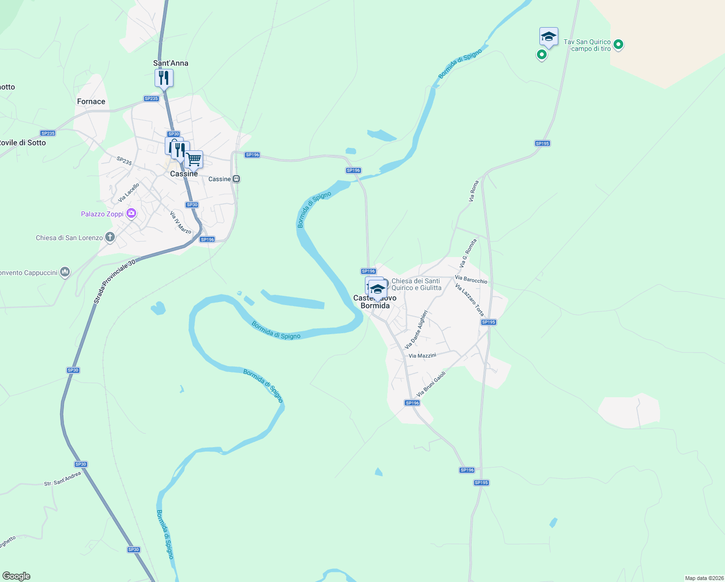 map of restaurants, bars, coffee shops, grocery stores, and more near Strada Castelnuovo in Alessandria