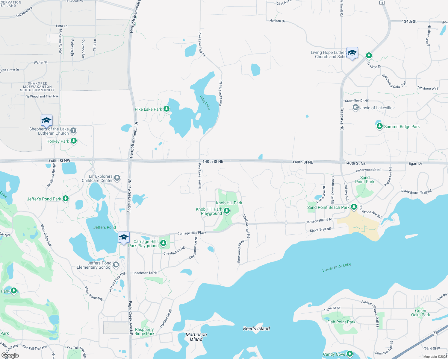 map of restaurants, bars, coffee shops, grocery stores, and more near 14066 Bluebird Trail Northeast in Prior Lake