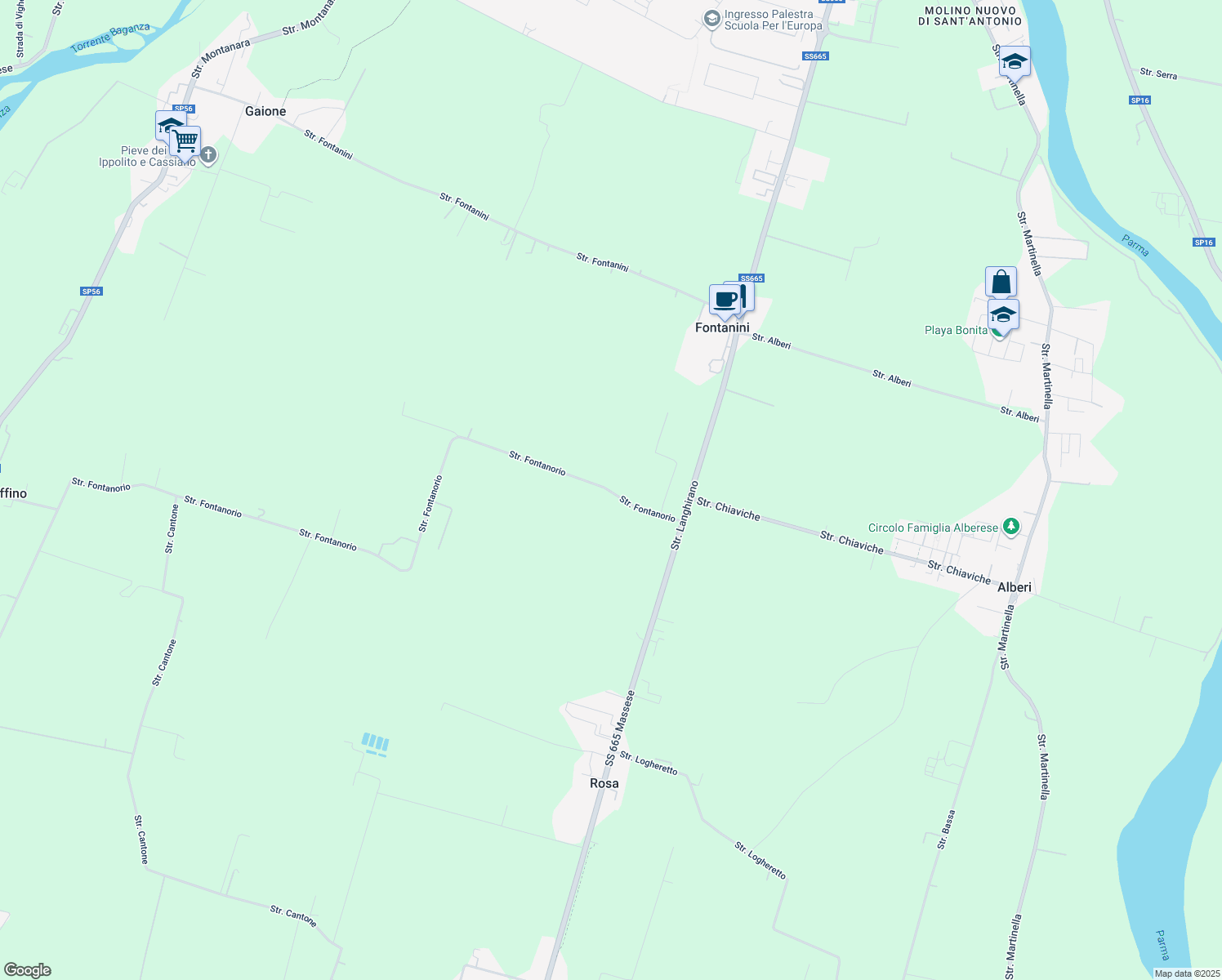 map of restaurants, bars, coffee shops, grocery stores, and more near 19 Strada Fontanorio in Provincia di Parma