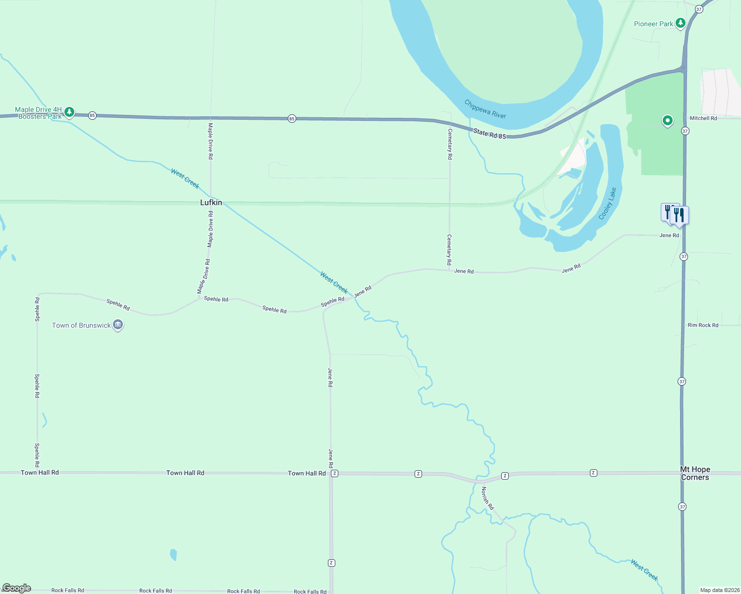 map of restaurants, bars, coffee shops, grocery stores, and more near W5335 Jene Road in Eau Claire