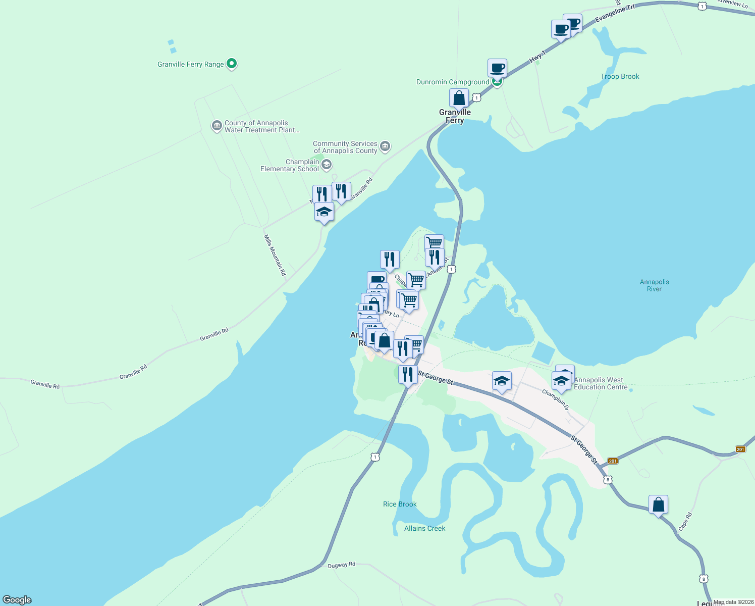 map of restaurants, bars, coffee shops, grocery stores, and more near 170 Saint George Street in Annapolis Royal