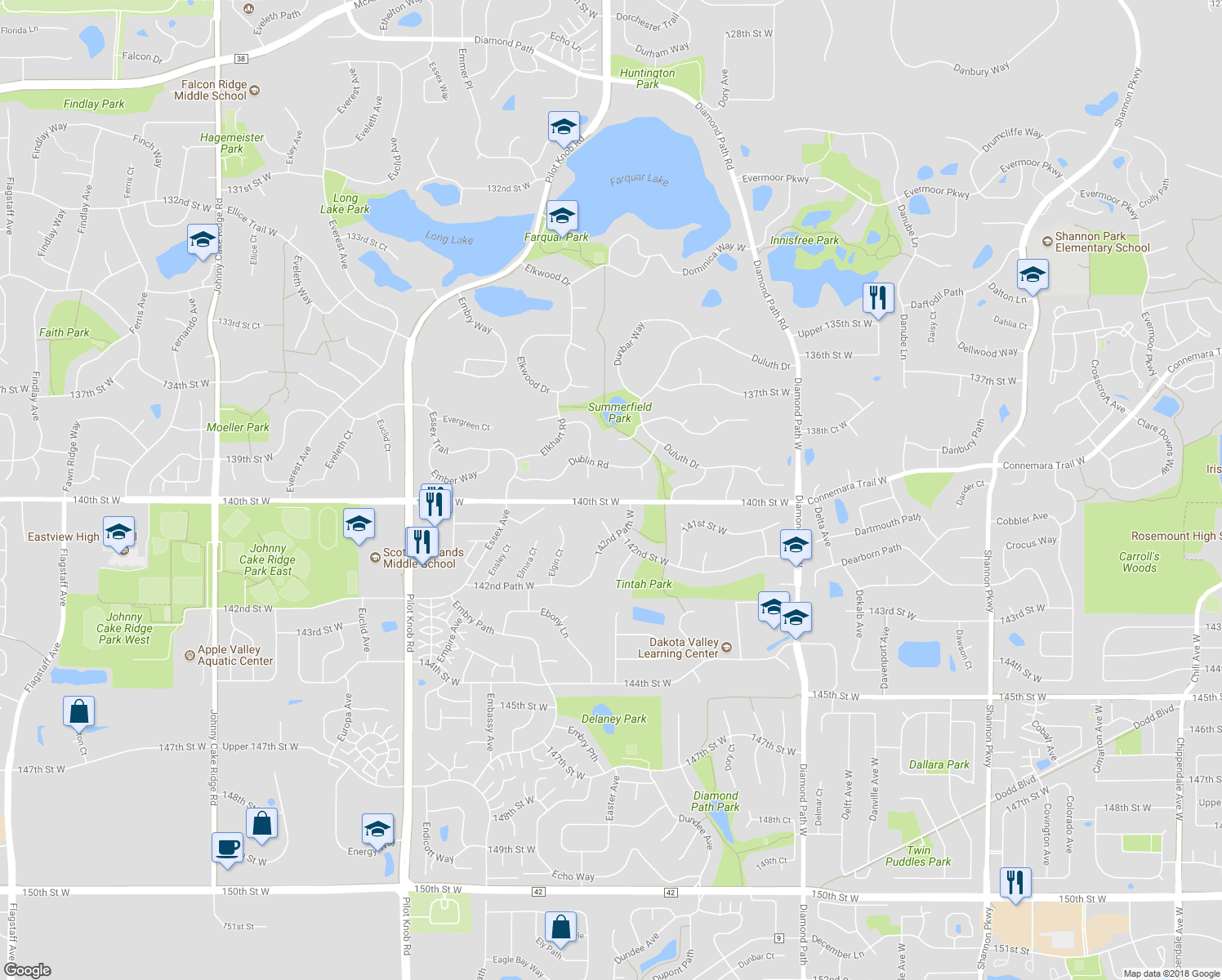 map of restaurants, bars, coffee shops, grocery stores, and more near 4949 140th Street West in Apple Valley