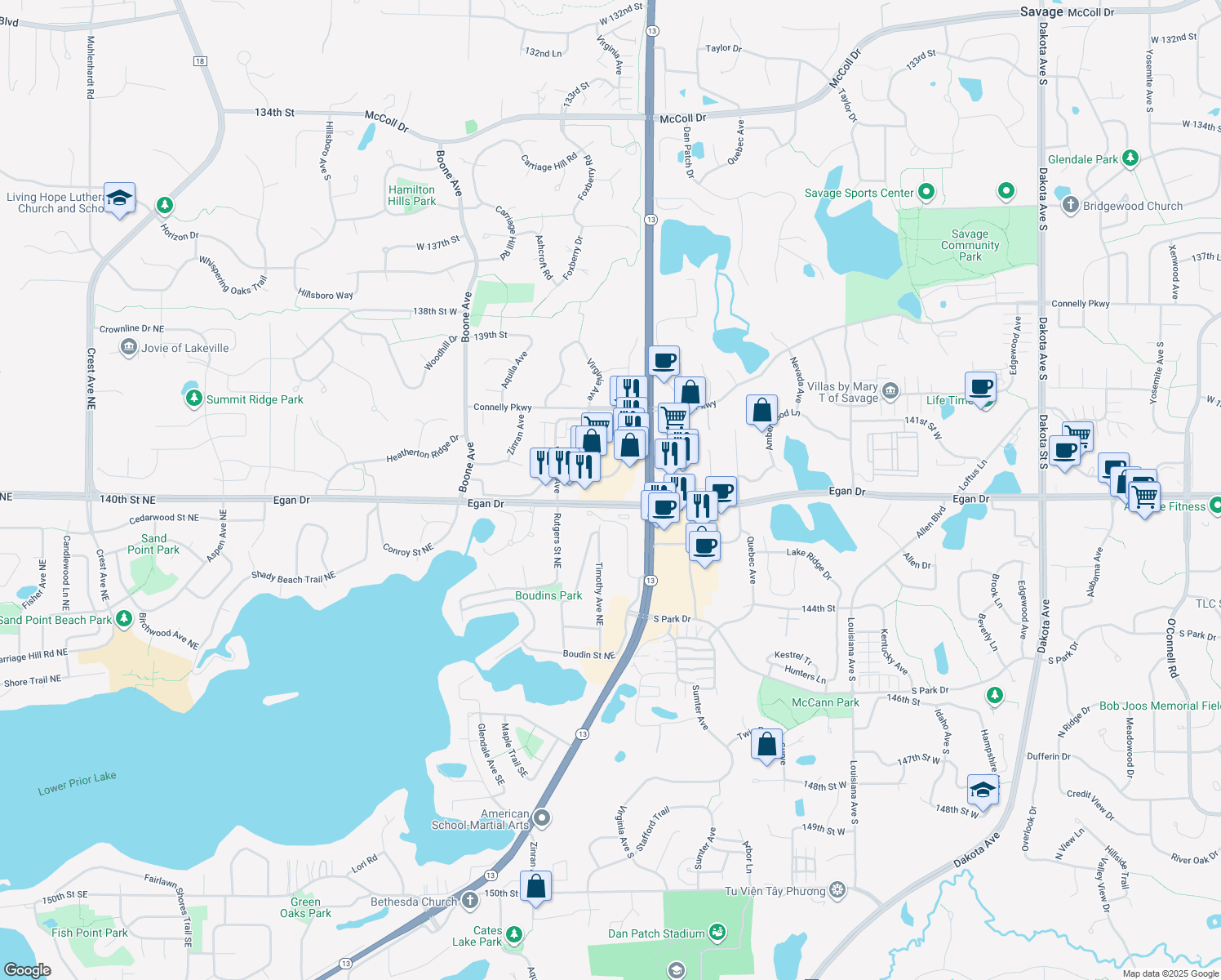 map of restaurants, bars, coffee shops, grocery stores, and more near 8100 Co Road 42 in Savage