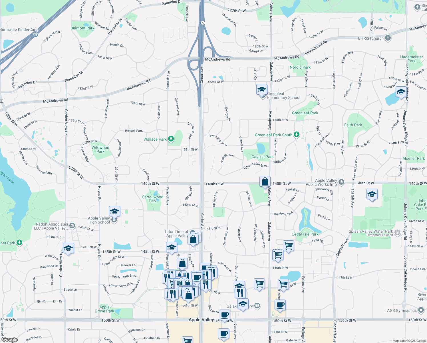 map of restaurants, bars, coffee shops, grocery stores, and more near 7406 Upper 139th Street West in Apple Valley