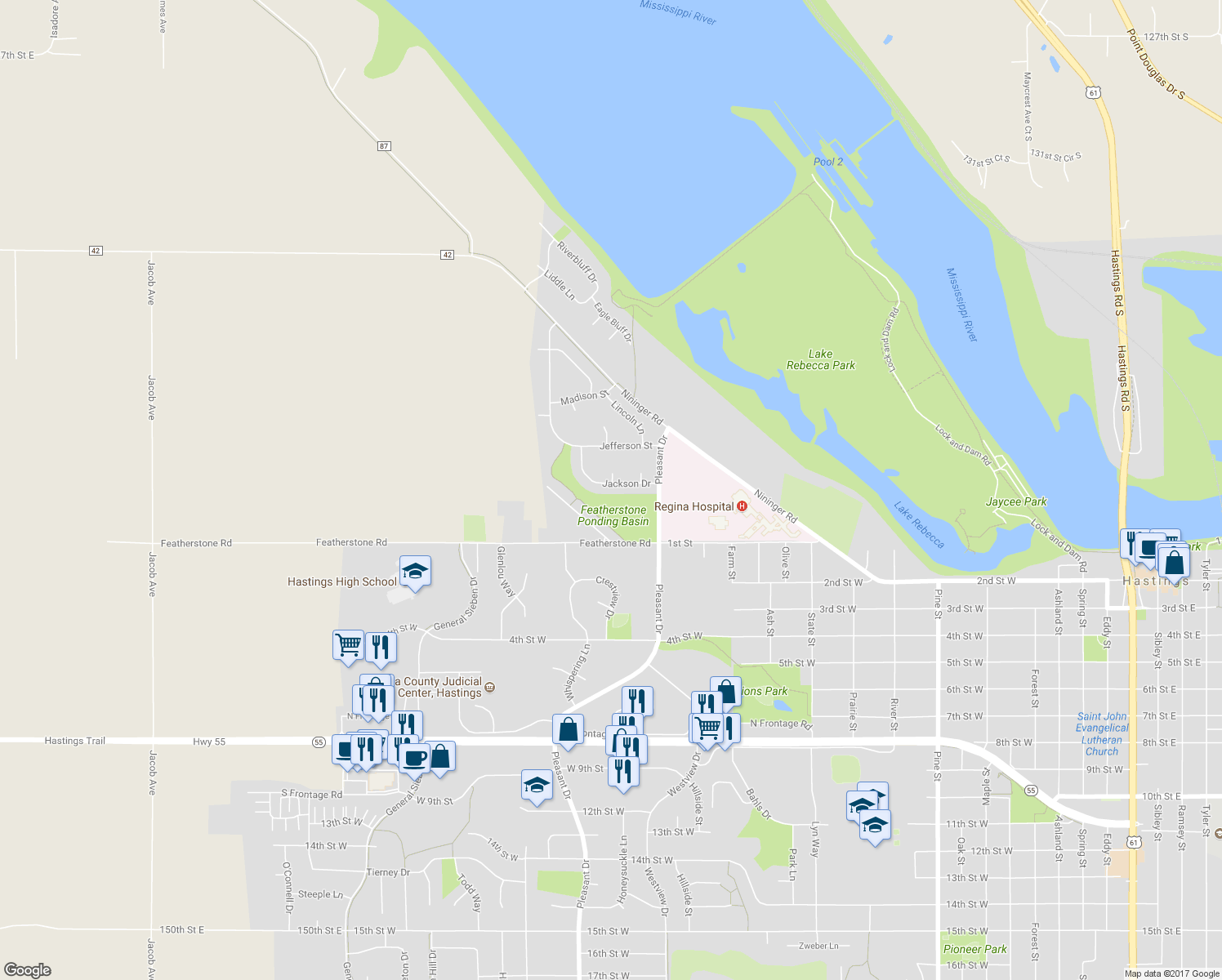 map of restaurants, bars, coffee shops, grocery stores, and more near 1339 Jackson Drive in Hastings