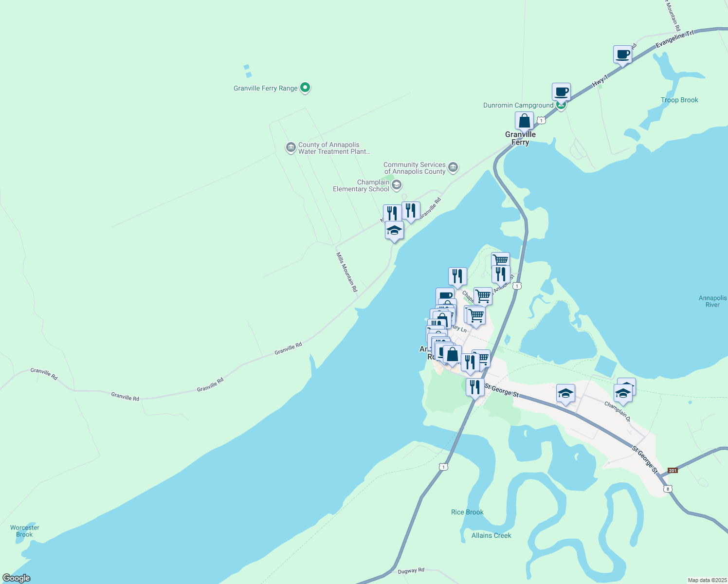 map of restaurants, bars, coffee shops, grocery stores, and more near 5287 Granville Road in Granville Ferry