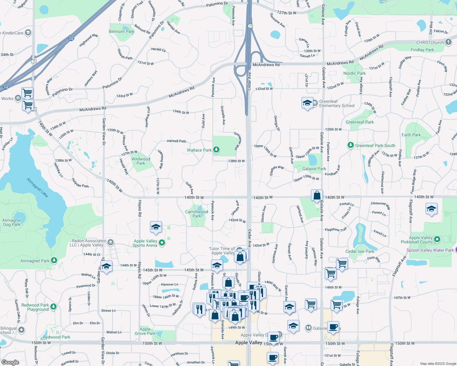 map of restaurants, bars, coffee shops, grocery stores, and more near 13920 Granada Court in Apple Valley