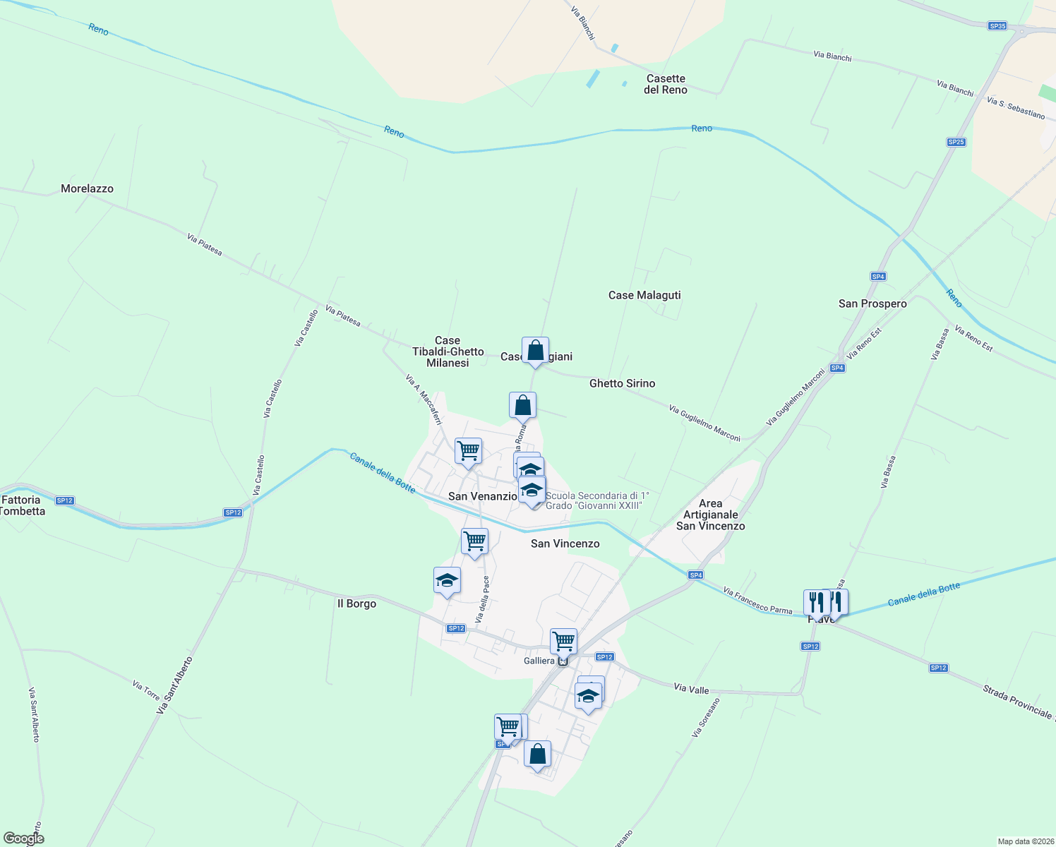 map of restaurants, bars, coffee shops, grocery stores, and more near 31 Via Roma in San Venanzio