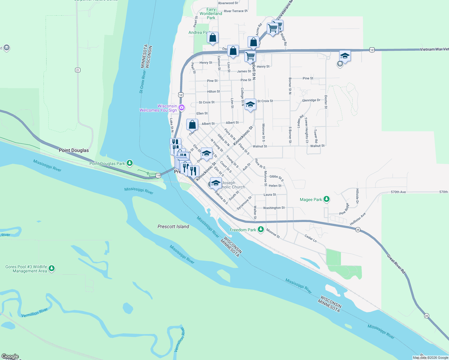 map of restaurants, bars, coffee shops, grocery stores, and more near 273 Elm Street South in Prescott