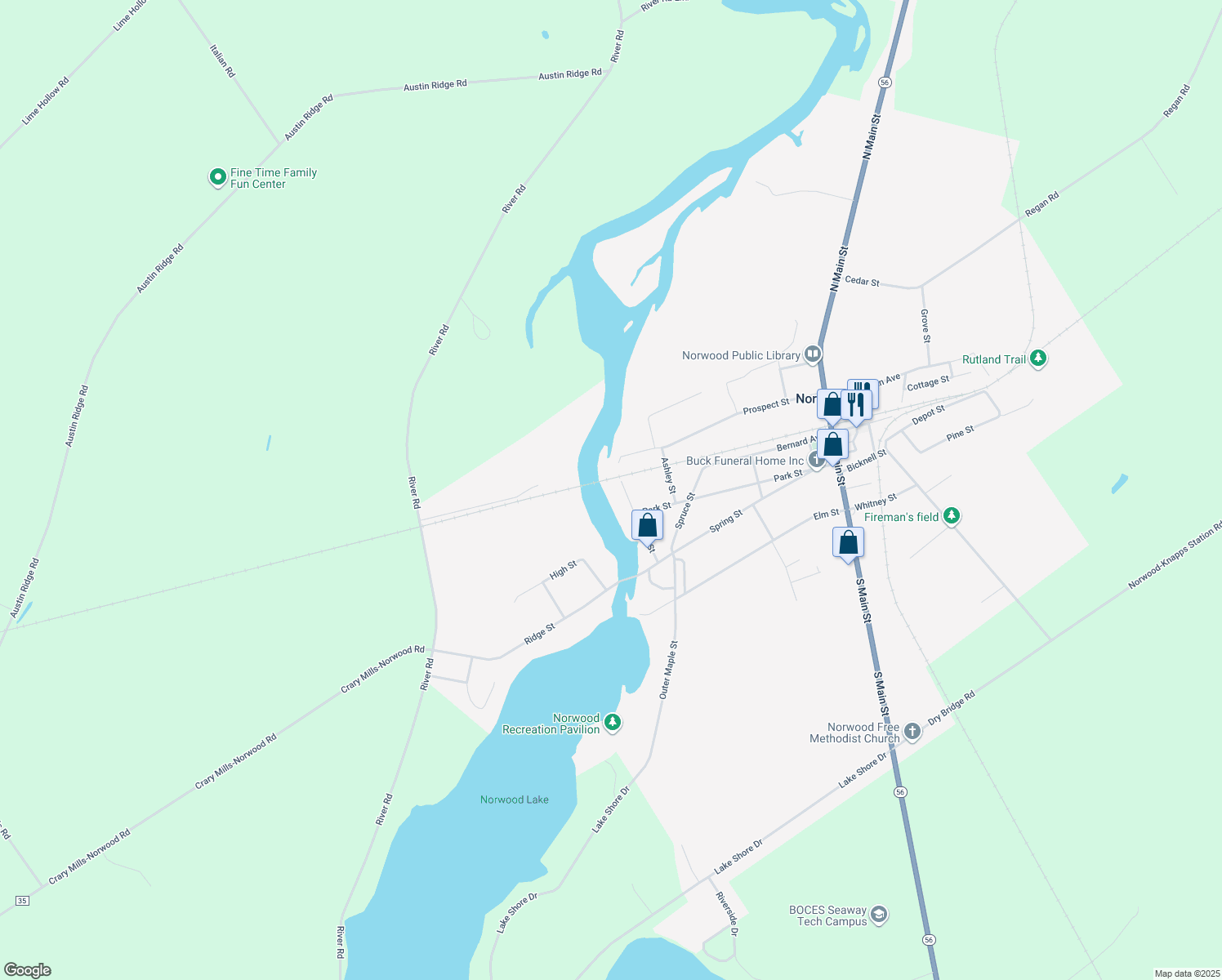 map of restaurants, bars, coffee shops, grocery stores, and more near 35 River St in Norwood