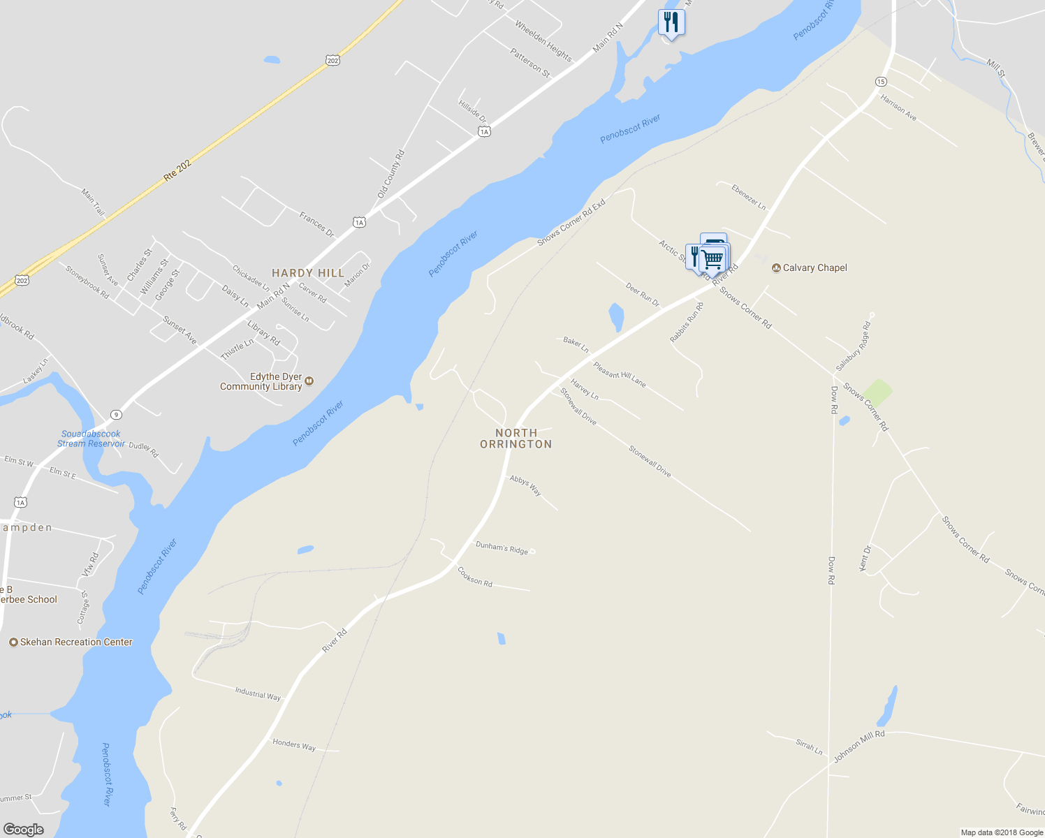 map of restaurants, bars, coffee shops, grocery stores, and more near 333 River Road in Orrington