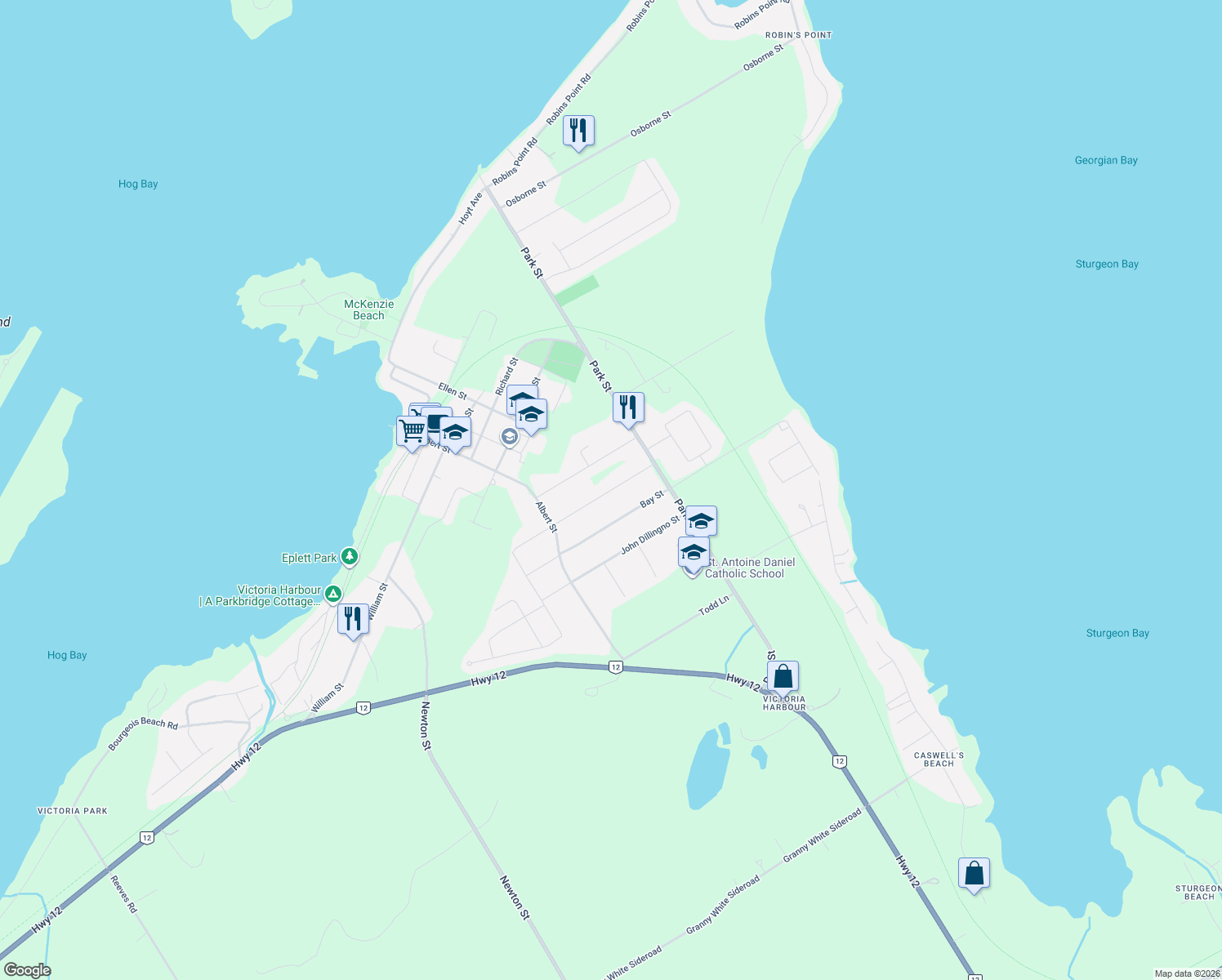 map of restaurants, bars, coffee shops, grocery stores, and more near 60 George Street in Simcoe County