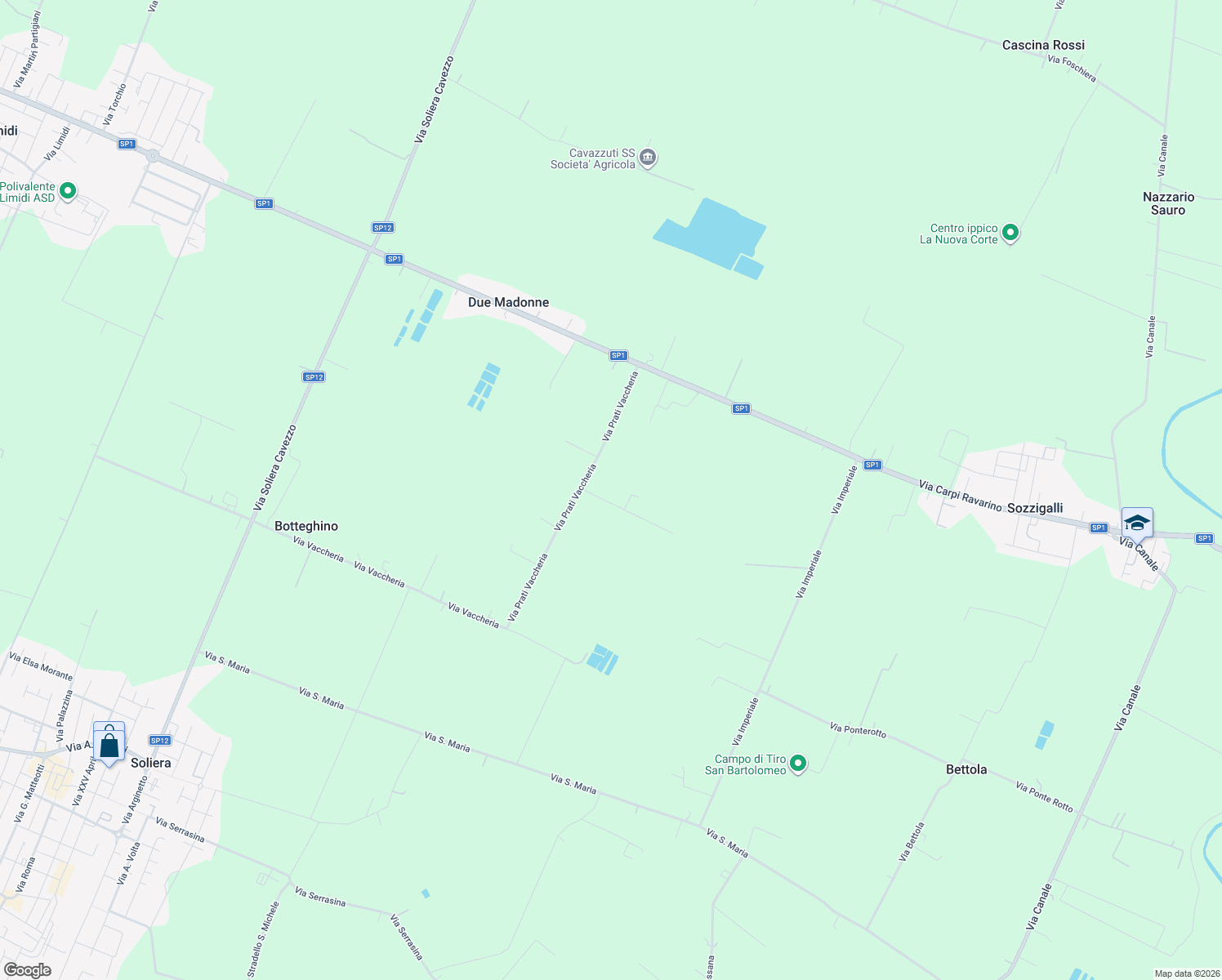 map of restaurants, bars, coffee shops, grocery stores, and more near Via Prati Vaccheria in Modena