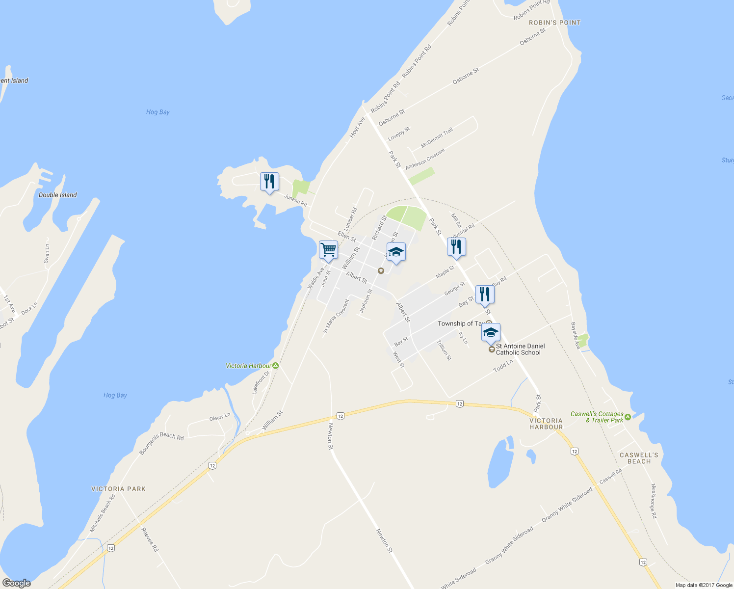 map of restaurants, bars, coffee shops, grocery stores, and more near 180 Jephson Street in Simcoe County