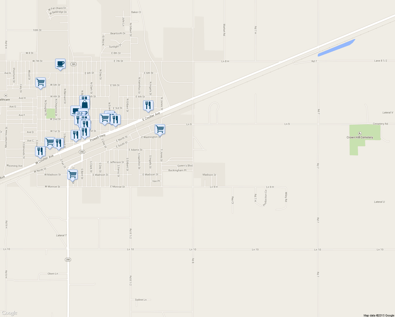 map of restaurants, bars, coffee shops, grocery stores, and more near 925 Road 8 in Powell