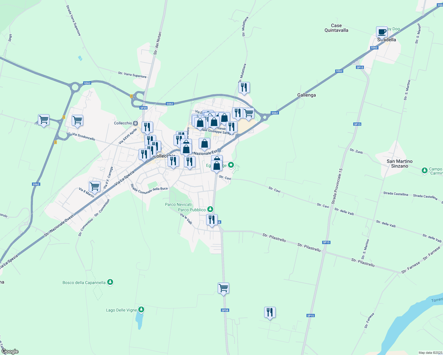 map of restaurants, bars, coffee shops, grocery stores, and more near 1 Strada Cavi in Collecchio