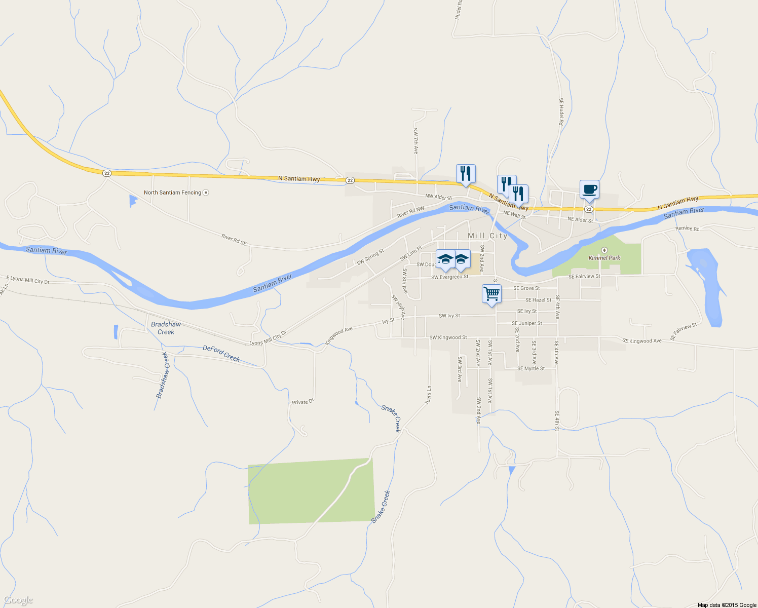 map of restaurants, bars, coffee shops, grocery stores, and more near 940 Southwest Main Avenue in Mill City