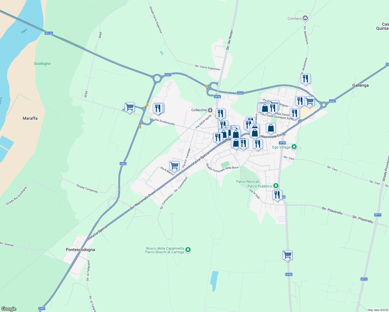 map of restaurants, bars, coffee shops, grocery stores, and more near 106 Strada Nazionale Ovest in Collecchio