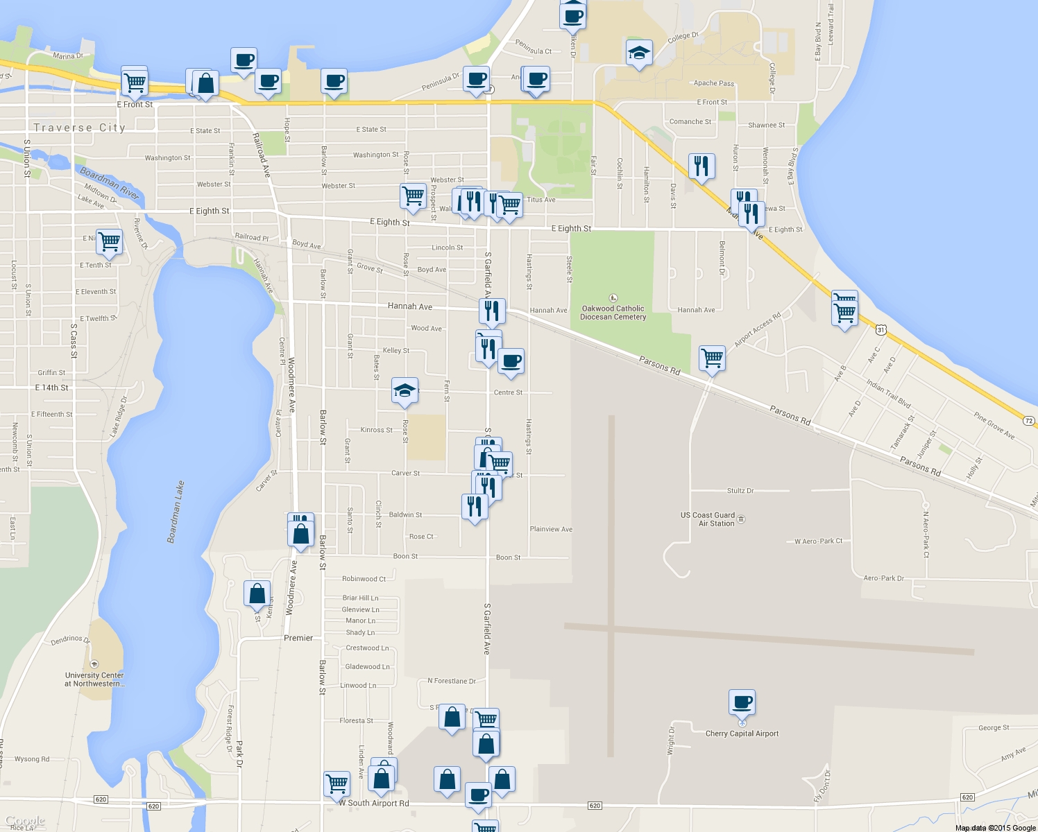 map of restaurants, bars, coffee shops, grocery stores, and more near 920 Hastings Street in Traverse City