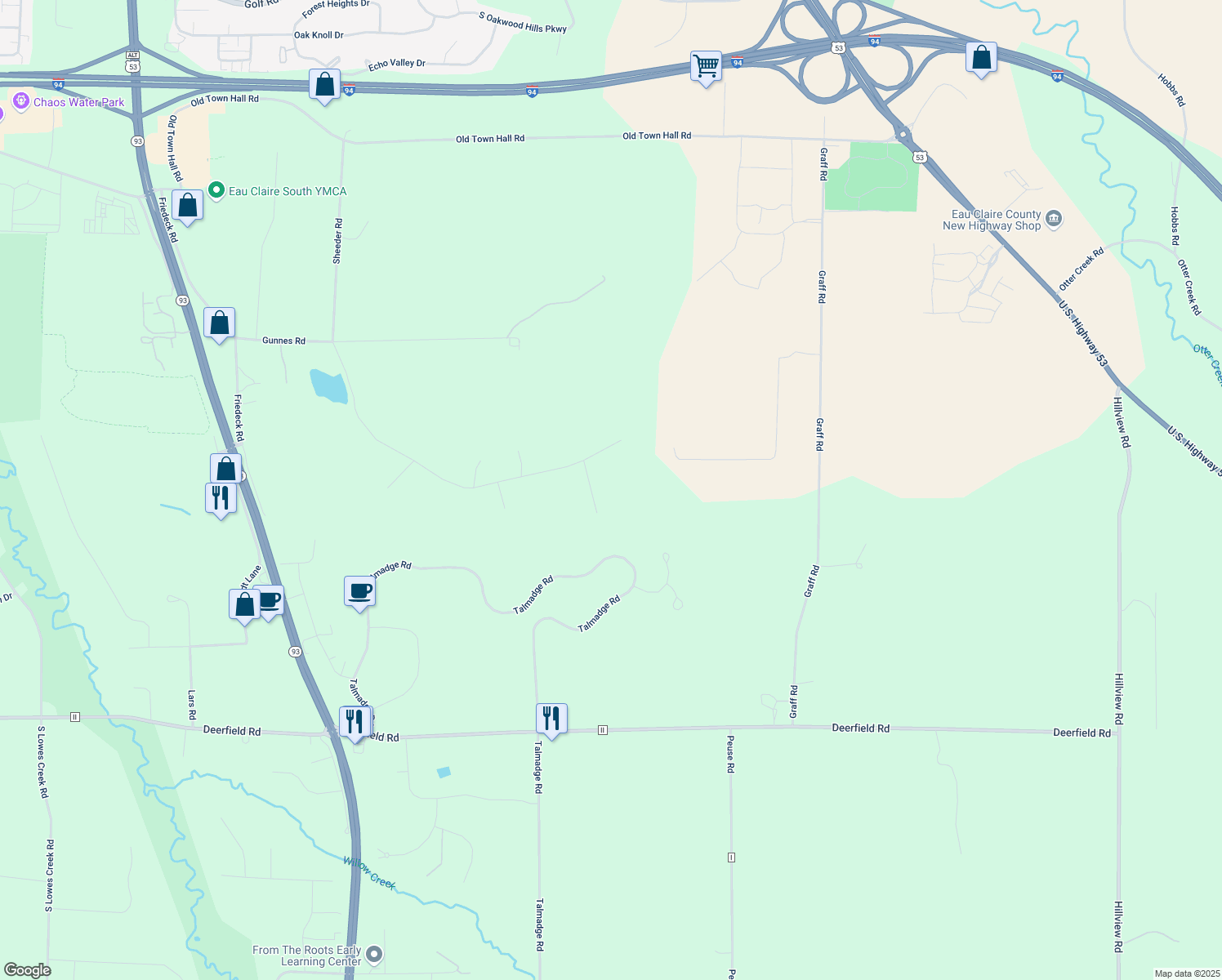 map of restaurants, bars, coffee shops, grocery stores, and more near 5651 Vista Ct in Eau Claire
