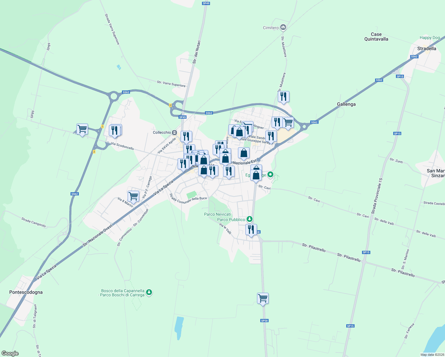 map of restaurants, bars, coffee shops, grocery stores, and more near 20-22 Via Giuseppe Garibaldi in Collecchio