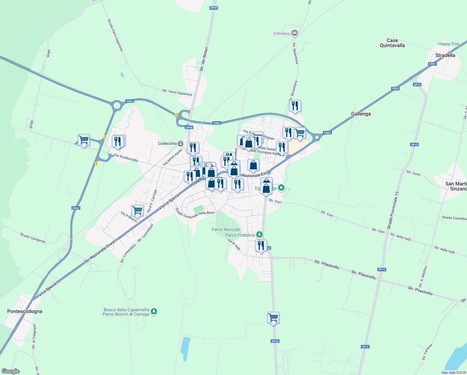 map of restaurants, bars, coffee shops, grocery stores, and more near 22 Via Giuseppe Garibaldi in Collecchio