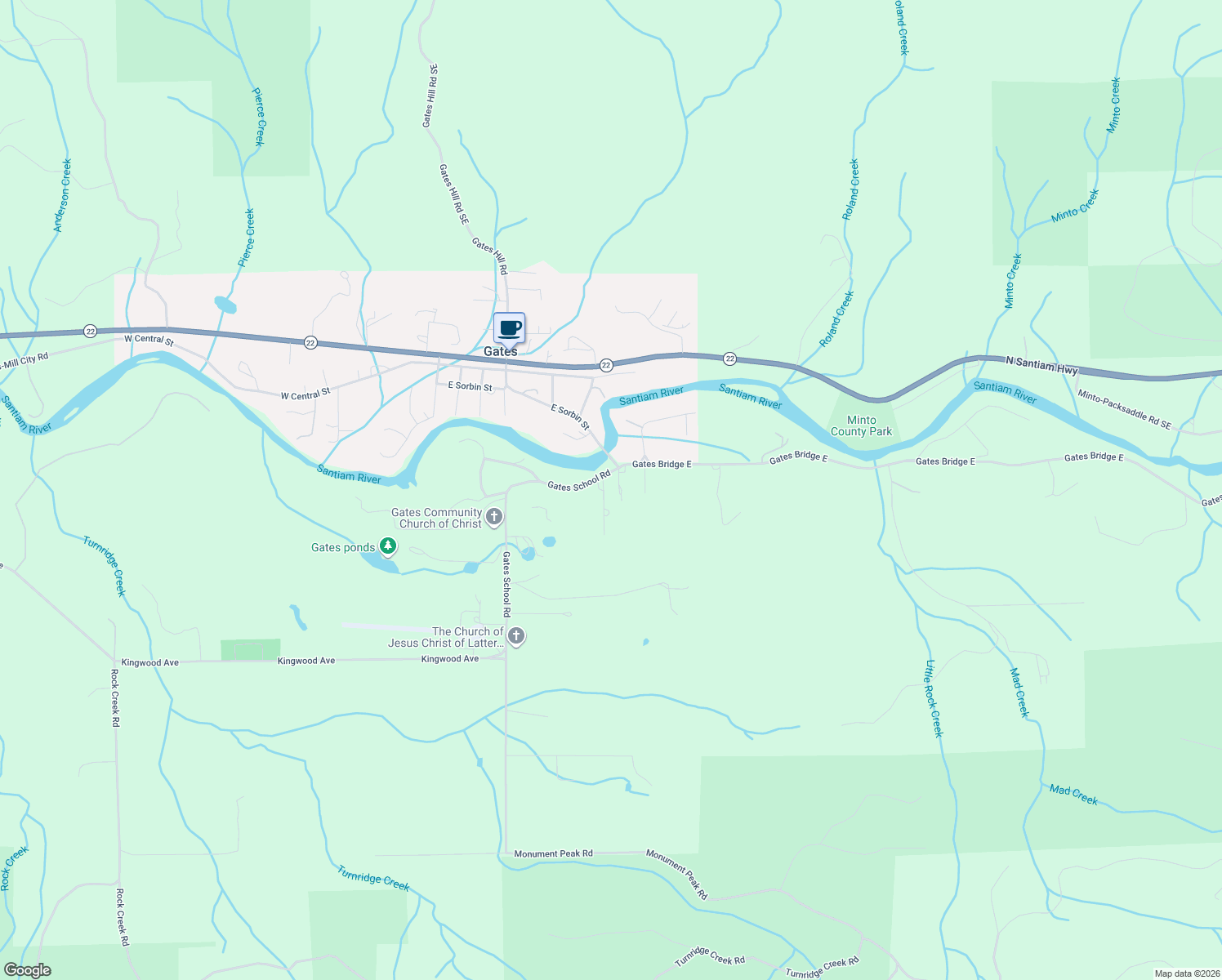 map of restaurants, bars, coffee shops, grocery stores, and more near 40299 Gates School Road in Gates