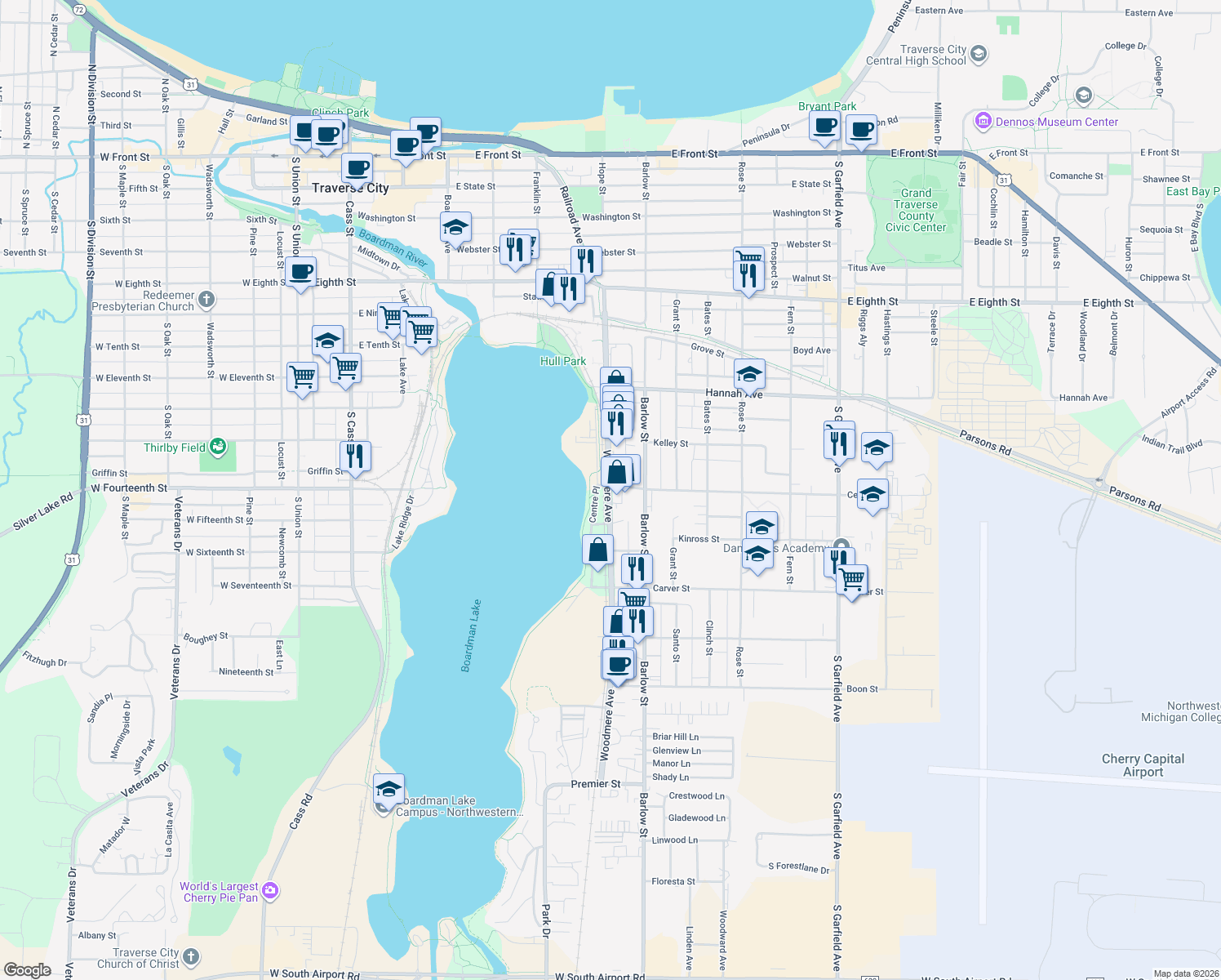 map of restaurants, bars, coffee shops, grocery stores, and more near 905 Woodmere Avenue in Traverse City