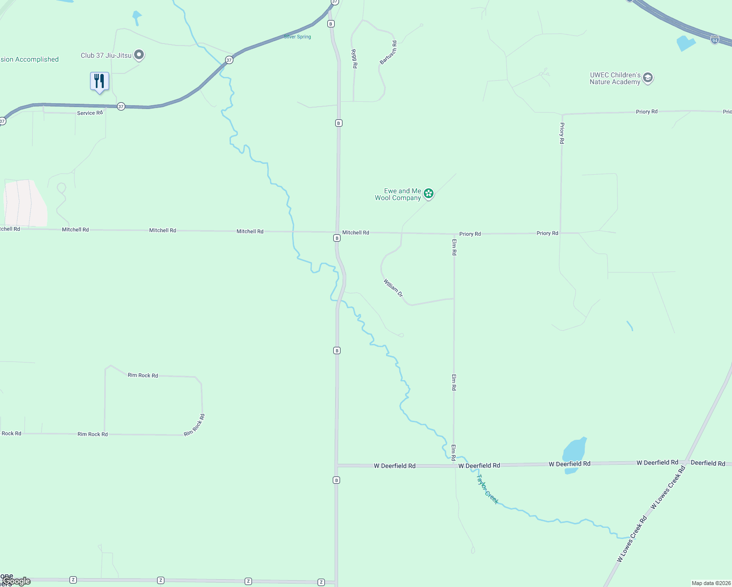 map of restaurants, bars, coffee shops, grocery stores, and more near W2570 Taylor Creek Road in Eau Claire