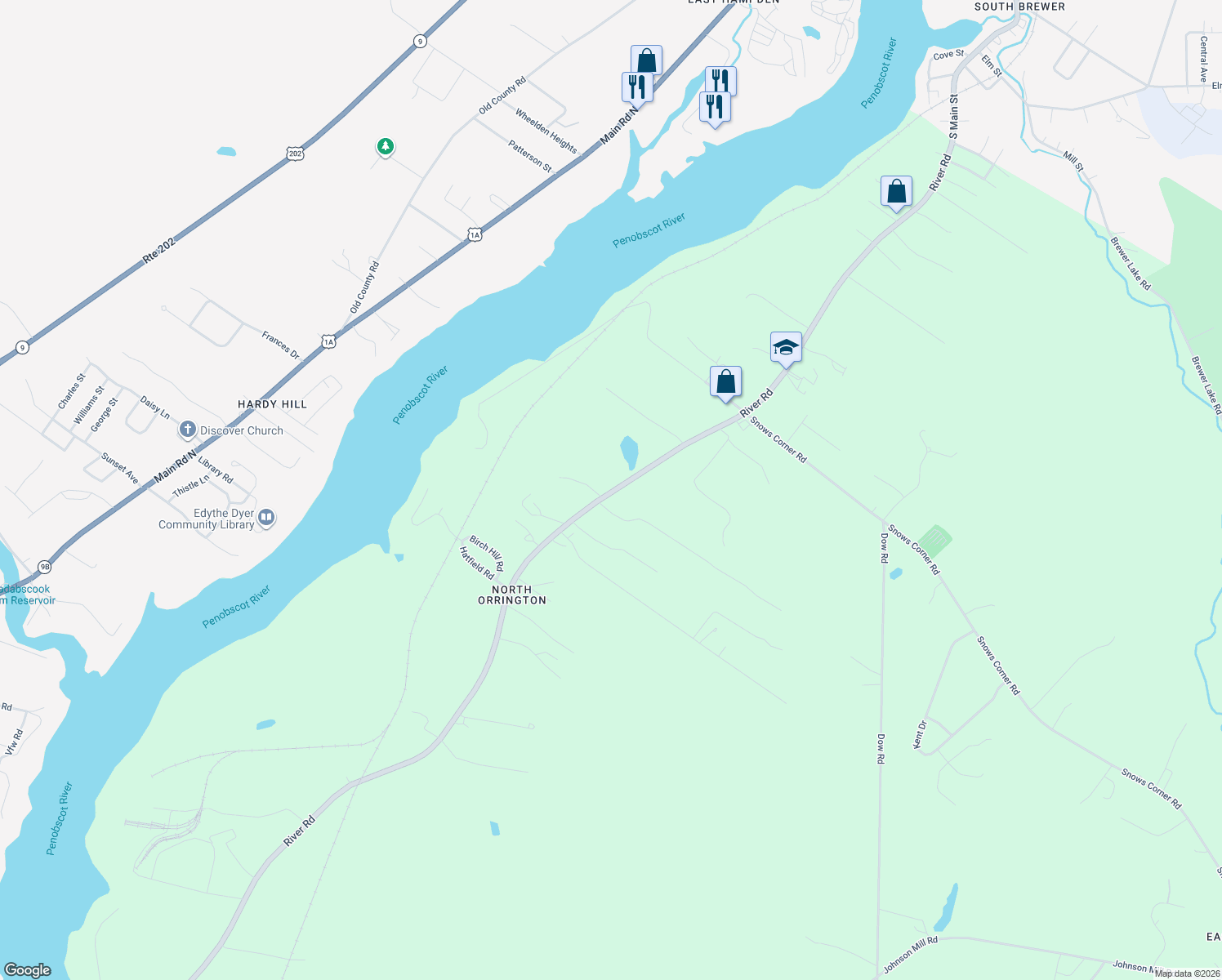 map of restaurants, bars, coffee shops, grocery stores, and more near 269 River Road in Orrington