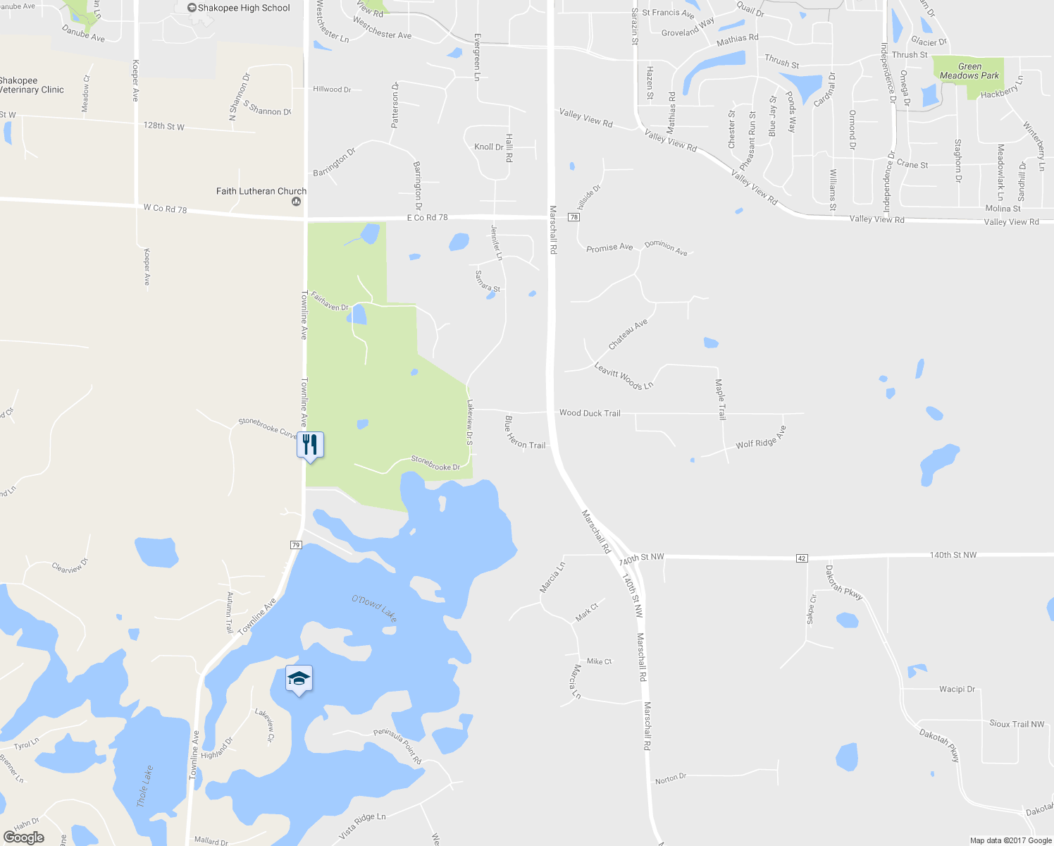 map of restaurants, bars, coffee shops, grocery stores, and more near 1354 Wood Duck Trail in Shakopee