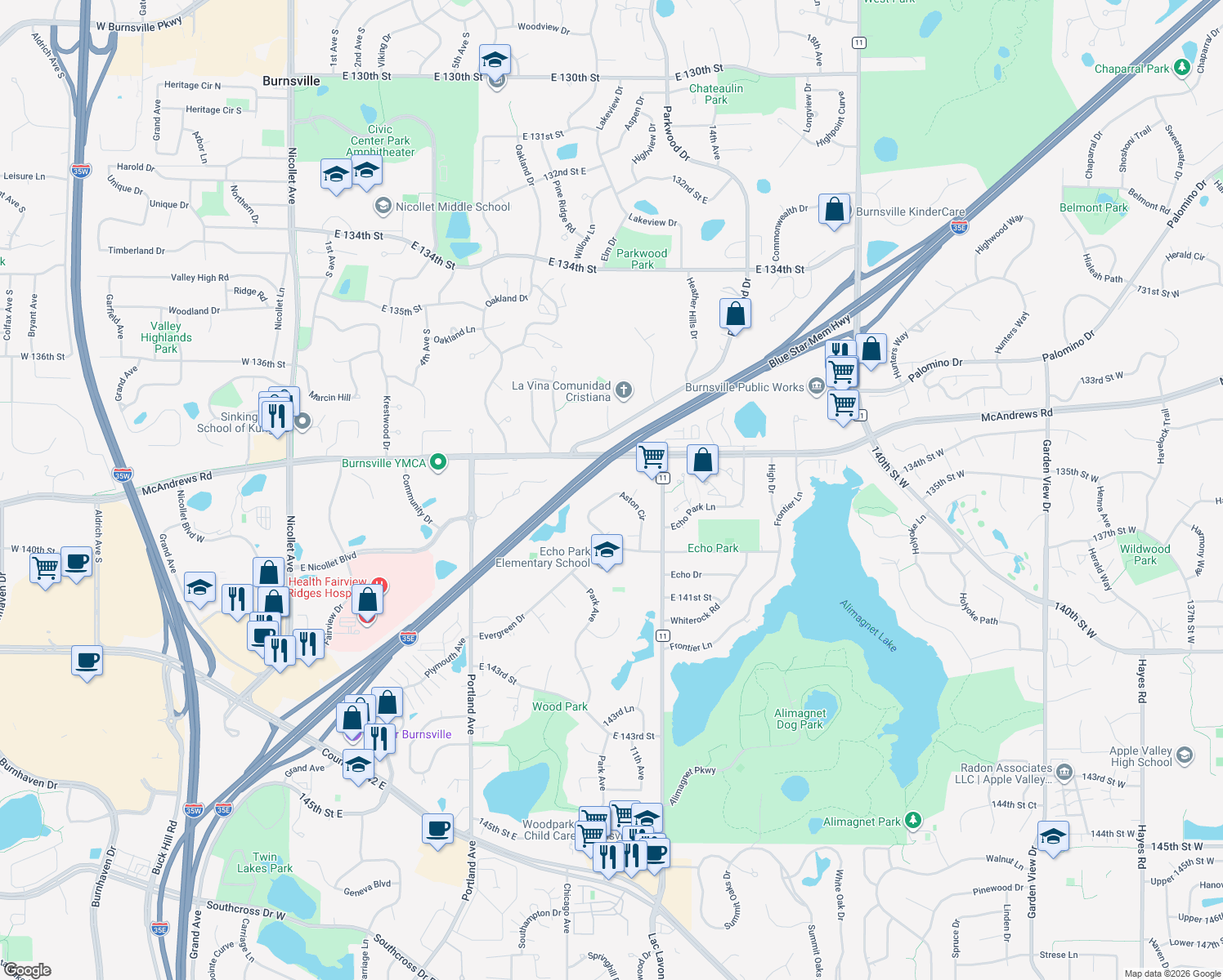map of restaurants, bars, coffee shops, grocery stores, and more near 1074 Aston Circle in Burnsville
