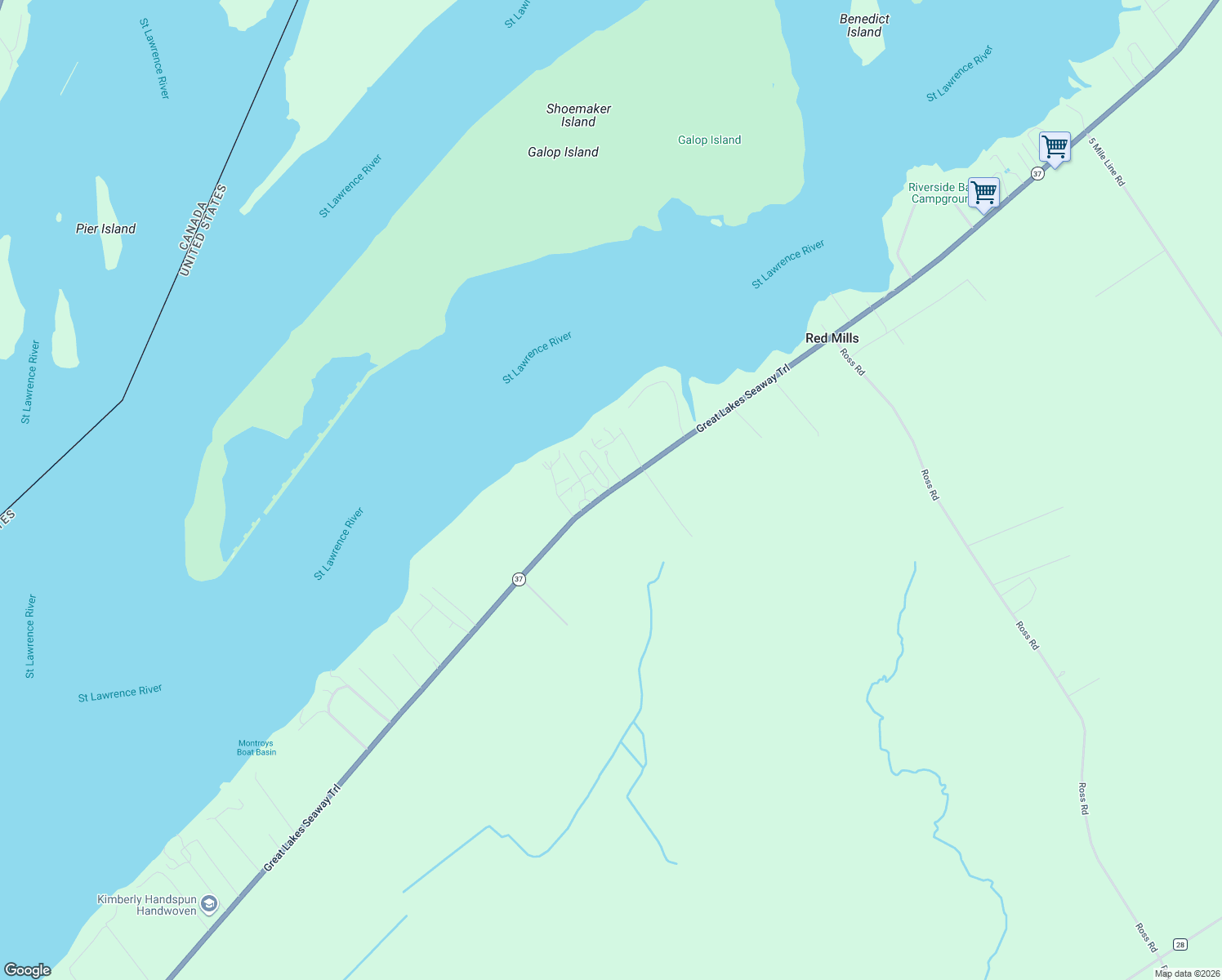 map of restaurants, bars, coffee shops, grocery stores, and more near 9603 Highway 37 in Ogdensburg