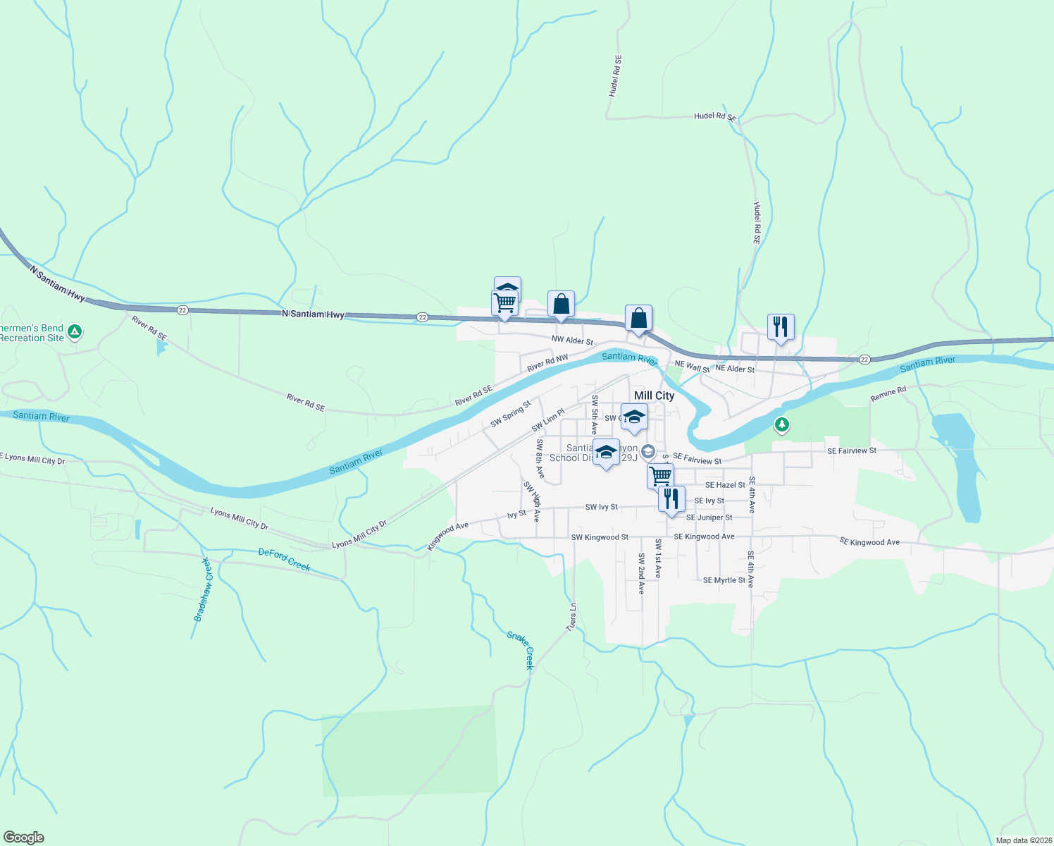 map of restaurants, bars, coffee shops, grocery stores, and more near 859 Southwest Linn Place in Mill City
