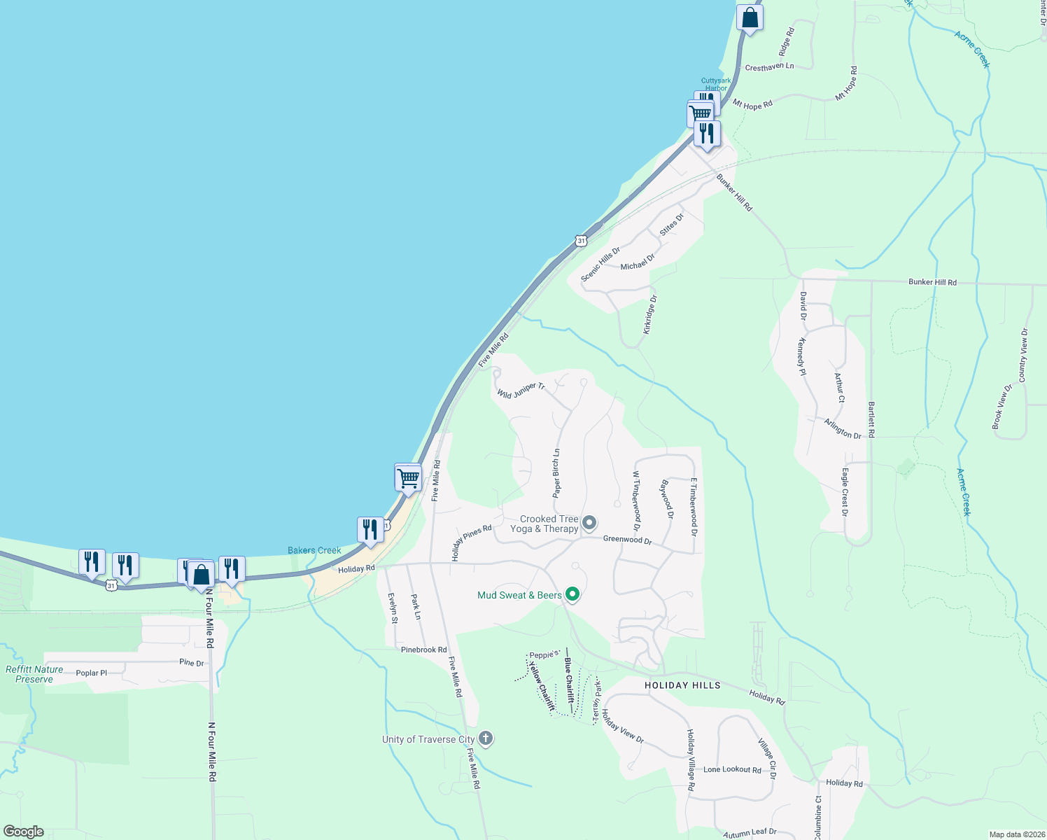 map of restaurants, bars, coffee shops, grocery stores, and more near 4698 Weathering Heights Road in Traverse City