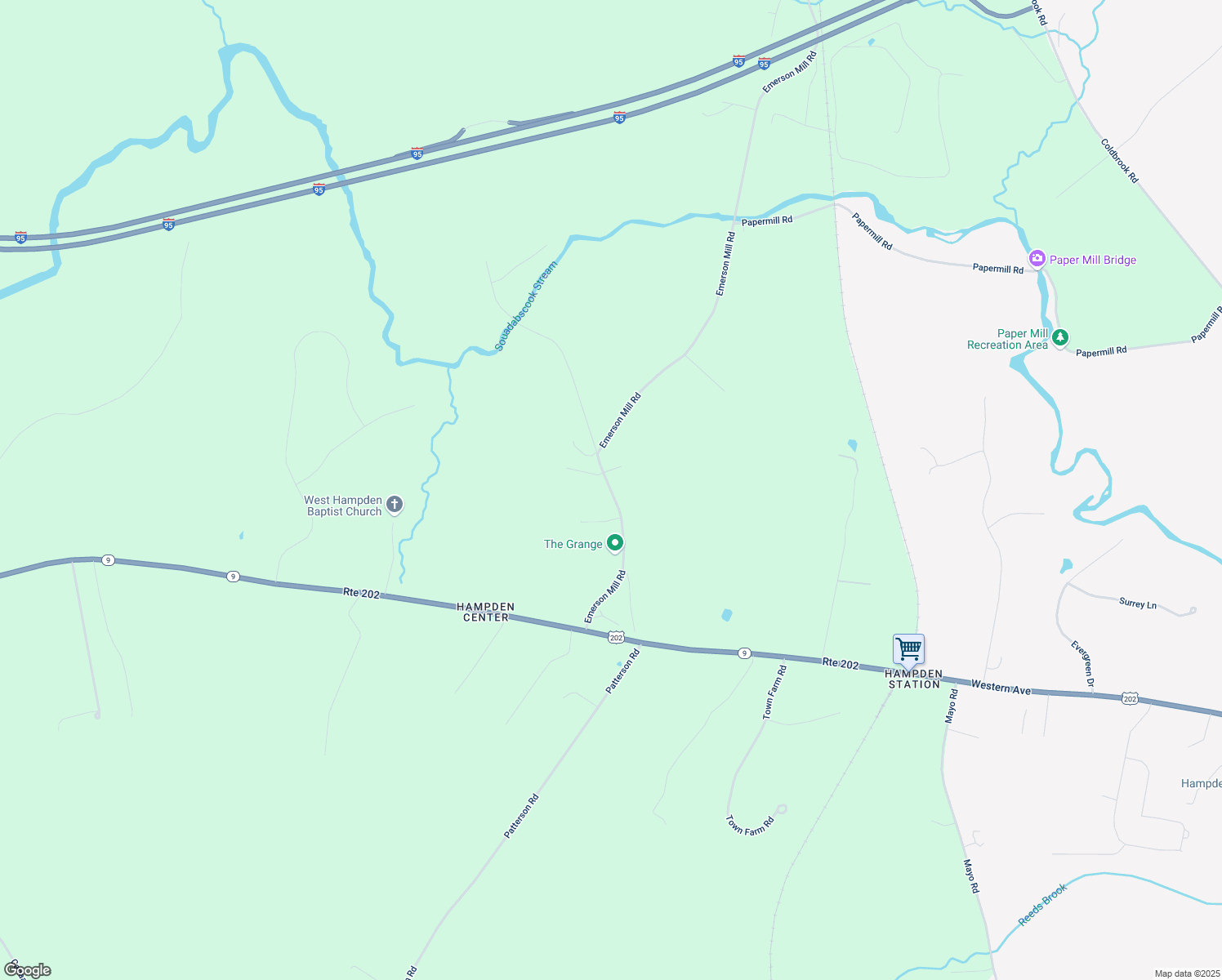 map of restaurants, bars, coffee shops, grocery stores, and more near 48 Emerson Mill Road in Hampden