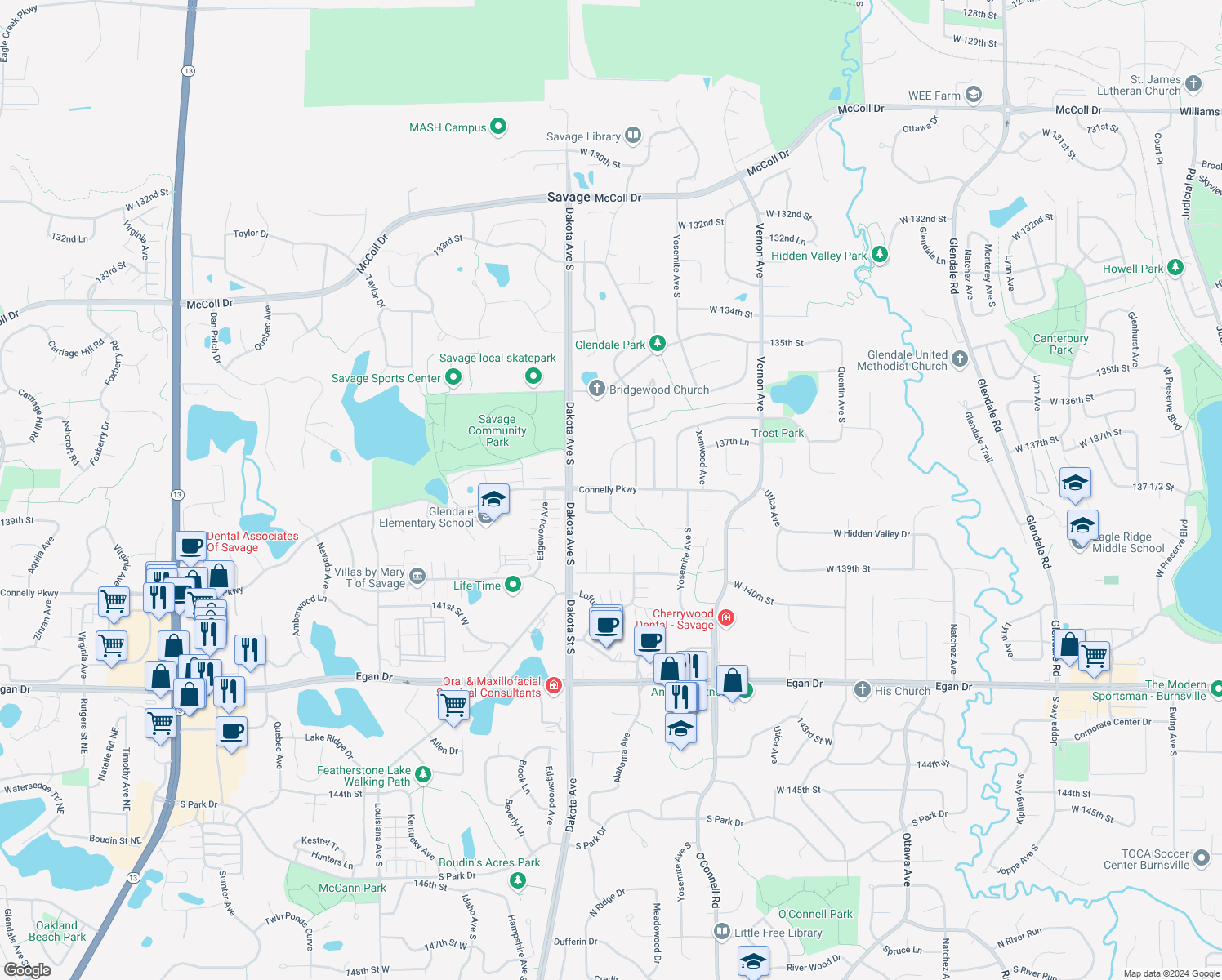map of restaurants, bars, coffee shops, grocery stores, and more near 13738 Brunswick Avenue South in Savage