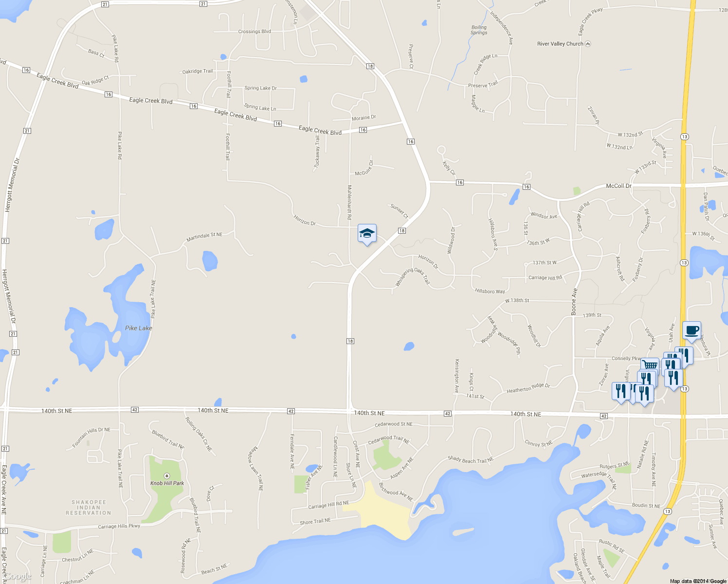 map of restaurants, bars, coffee shops, grocery stores, and more near 8832 Whispering Oaks Trail in Shakopee