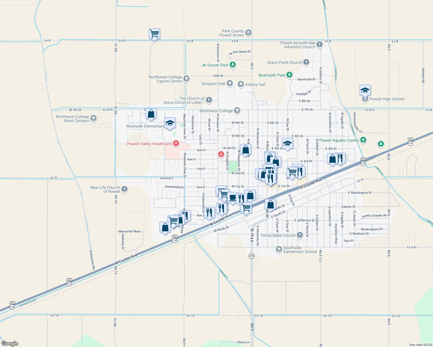 map of restaurants, bars, coffee shops, grocery stores, and more near 211 N Division St in Powell