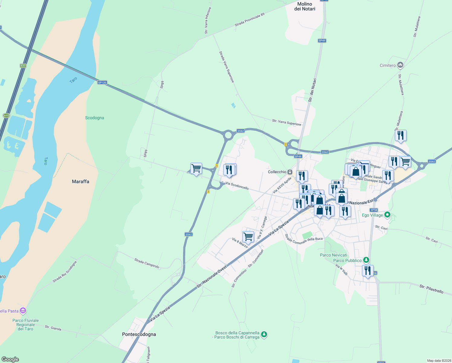 map of restaurants, bars, coffee shops, grocery stores, and more near 19A Via Scodoncello in Collecchio