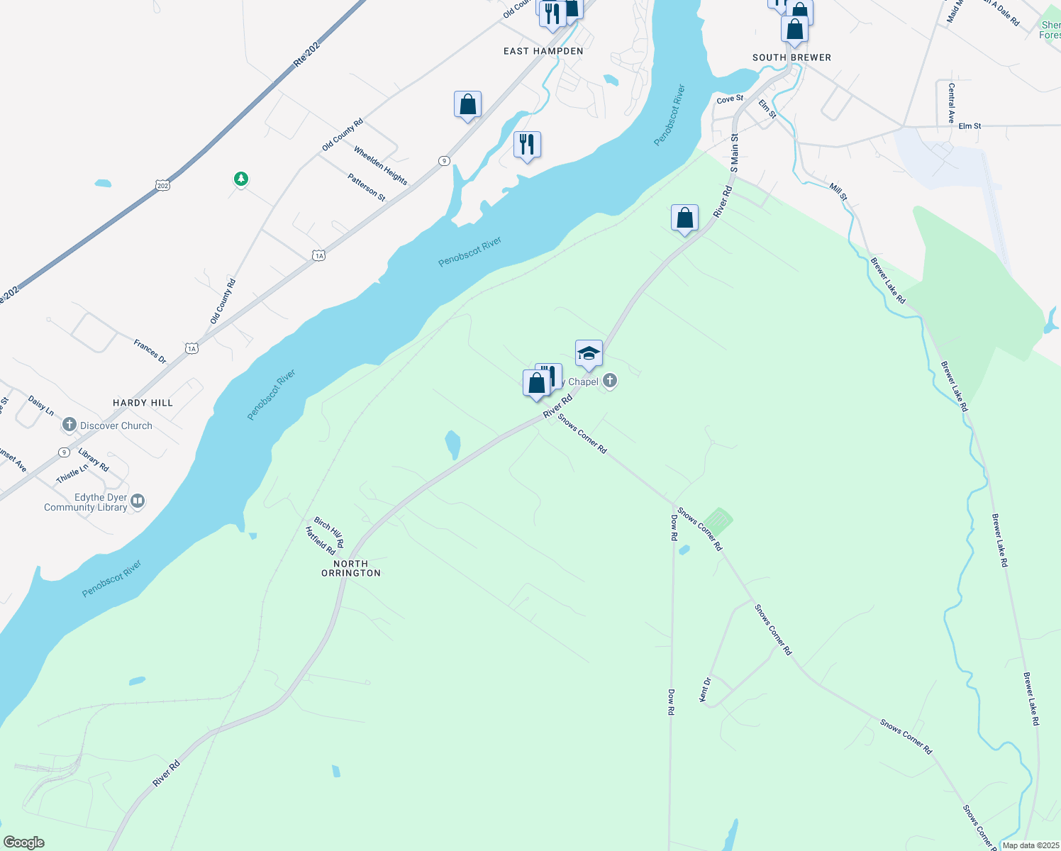 map of restaurants, bars, coffee shops, grocery stores, and more near 471 River Road in Orrington