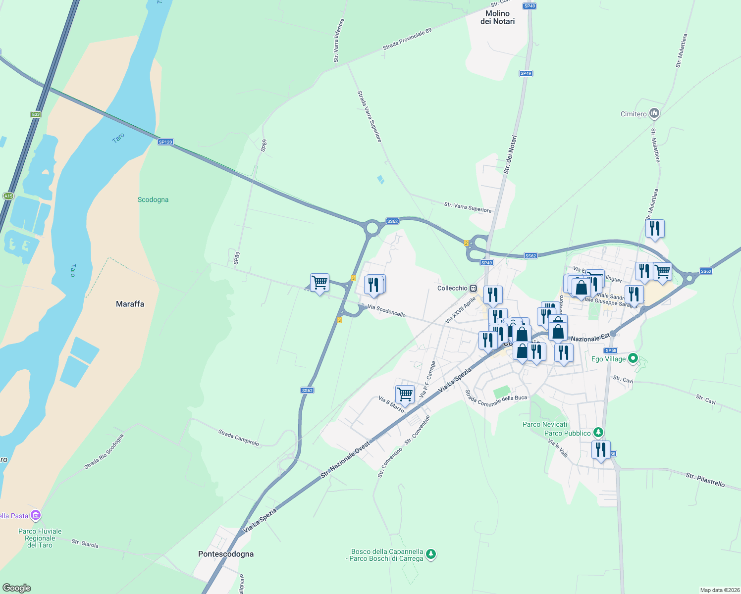 map of restaurants, bars, coffee shops, grocery stores, and more near 19A Via Scodoncello in Collecchio