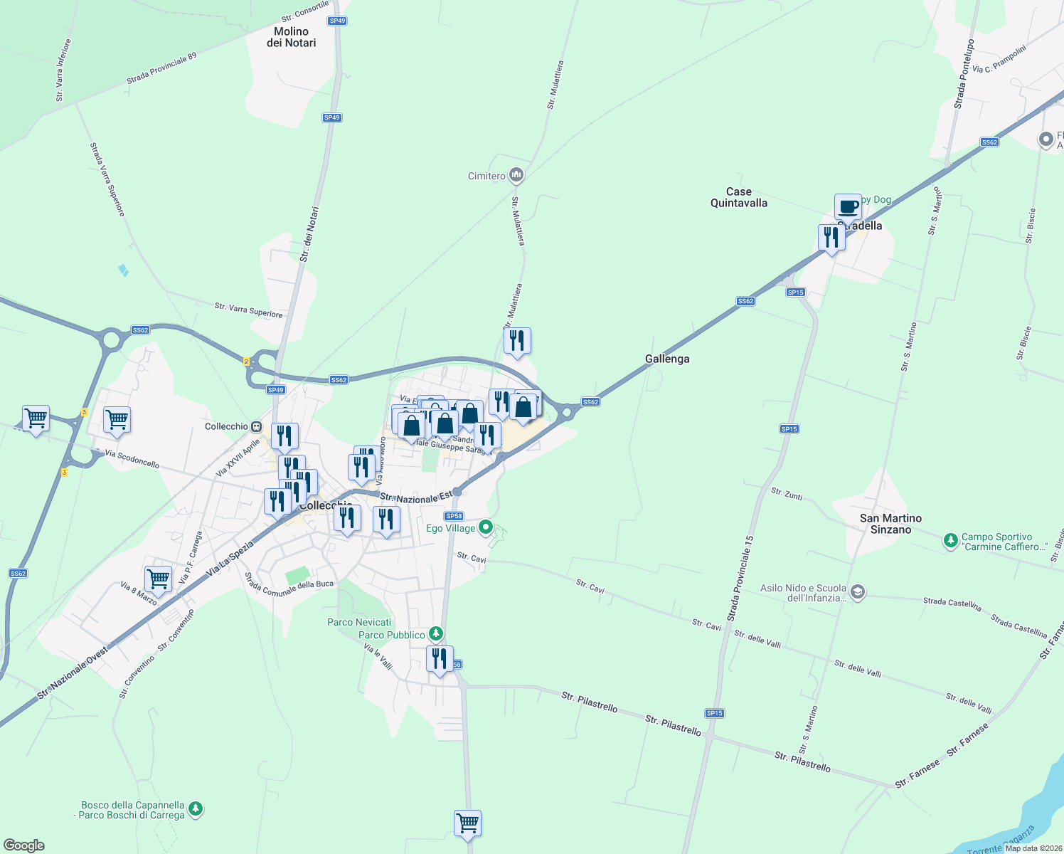 map of restaurants, bars, coffee shops, grocery stores, and more near 150 Strada Nazionale Est in Collecchio