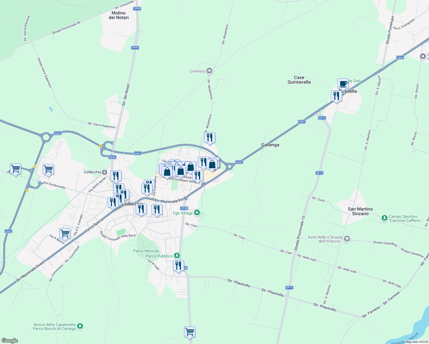map of restaurants, bars, coffee shops, grocery stores, and more near 150 Strada Nazionale Est in Stradella