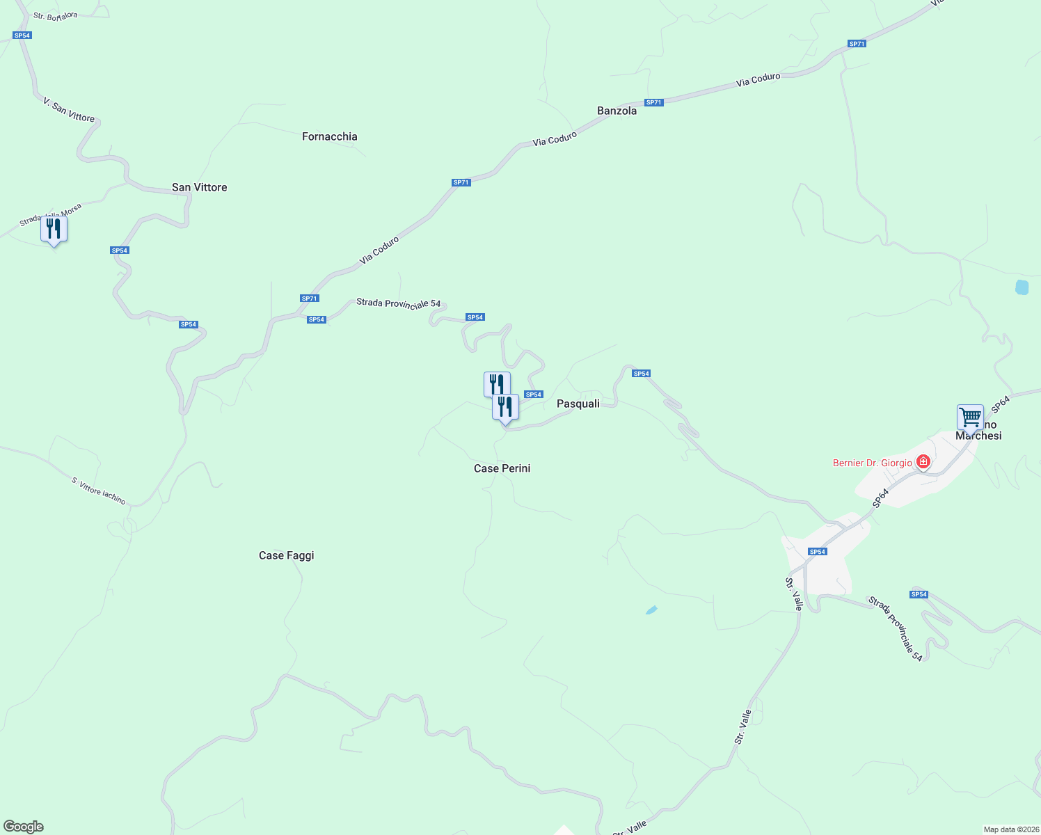 map of restaurants, bars, coffee shops, grocery stores, and more near in Ca' Monica-Pasquali