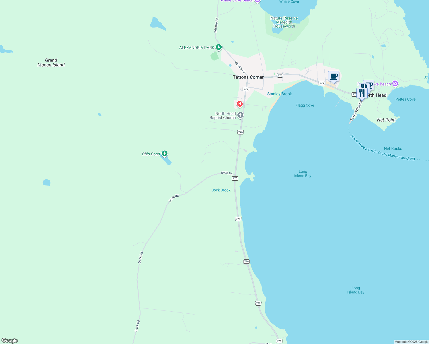 map of restaurants, bars, coffee shops, grocery stores, and more near 26 Dock Road in Grand Manan