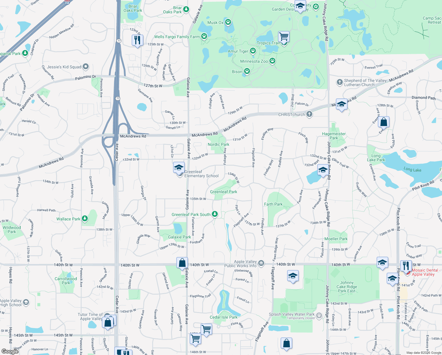 map of restaurants, bars, coffee shops, grocery stores, and more near 13331 Foliage Avenue in Apple Valley