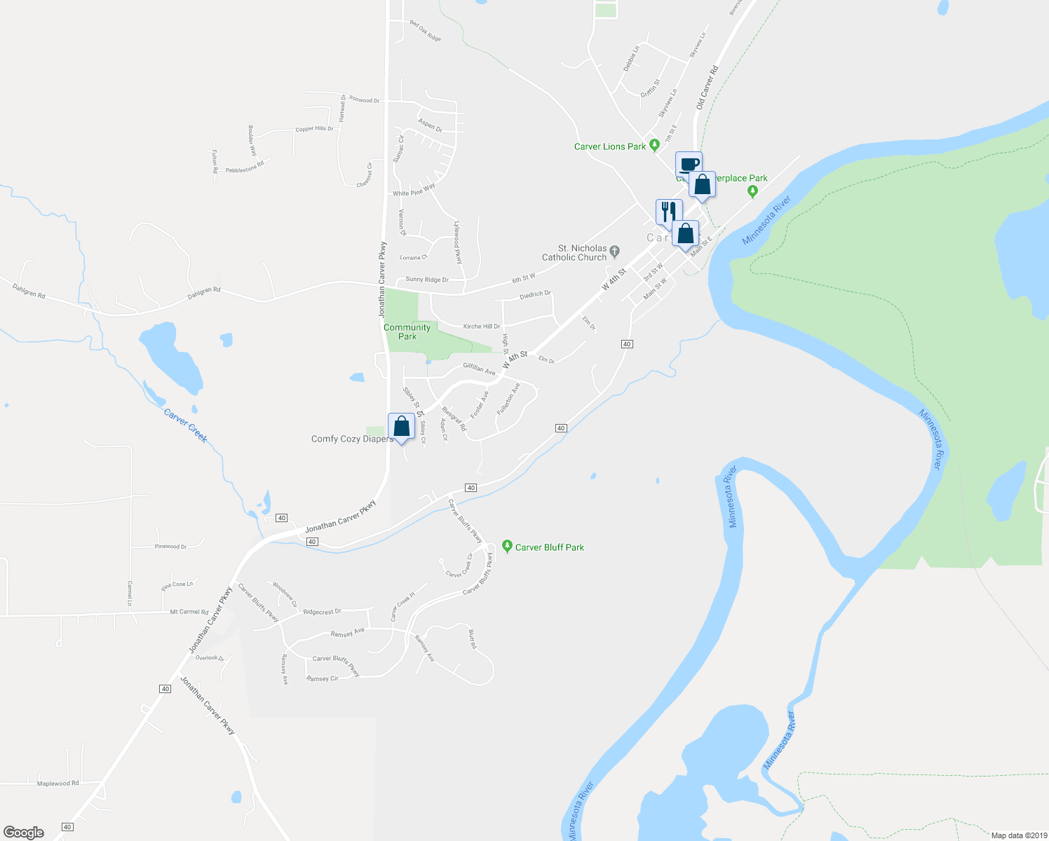 map of restaurants, bars, coffee shops, grocery stores, and more near 746 Riesgraf Road in Carver