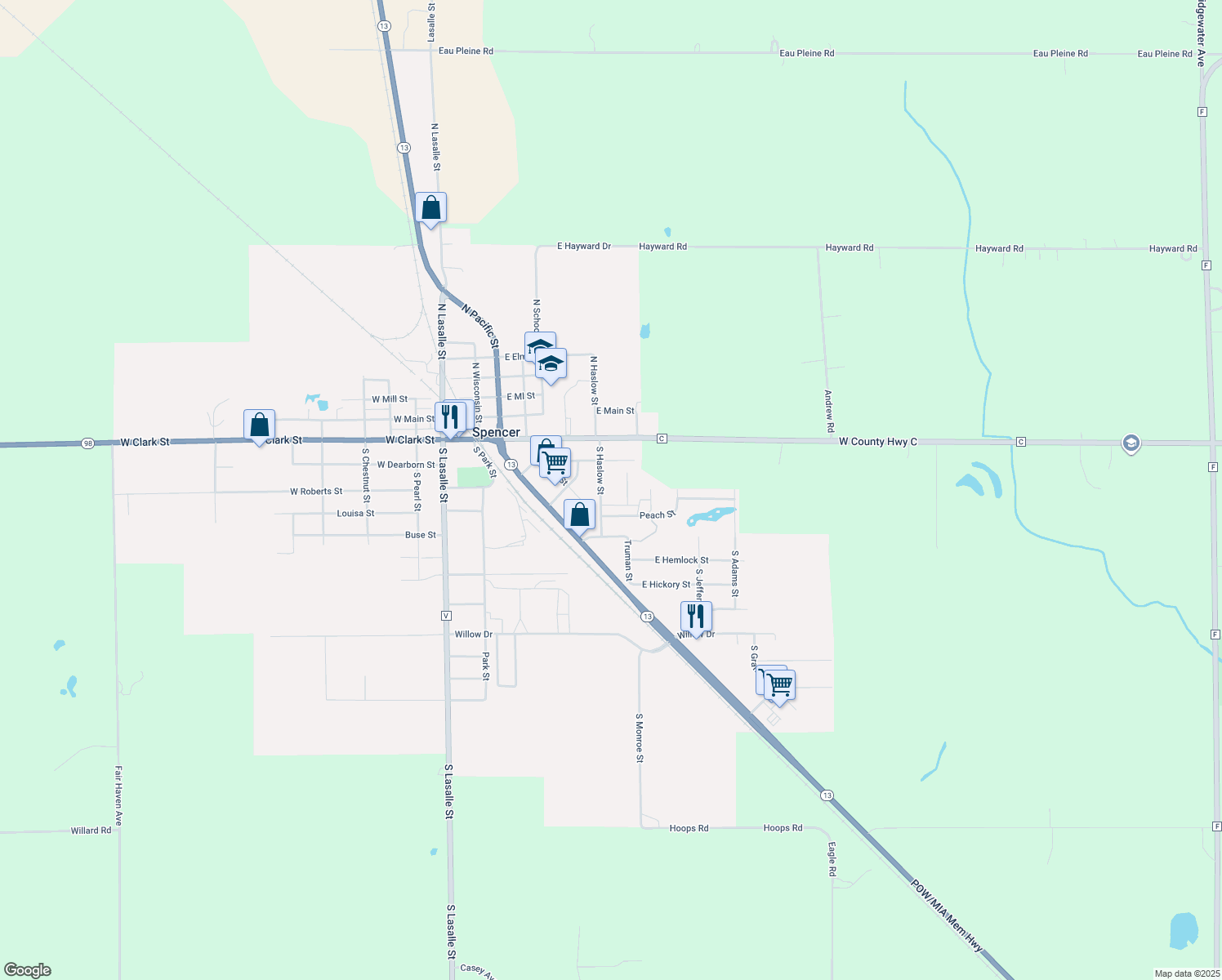 map of restaurants, bars, coffee shops, grocery stores, and more near 210 S Haslow St in Spencer